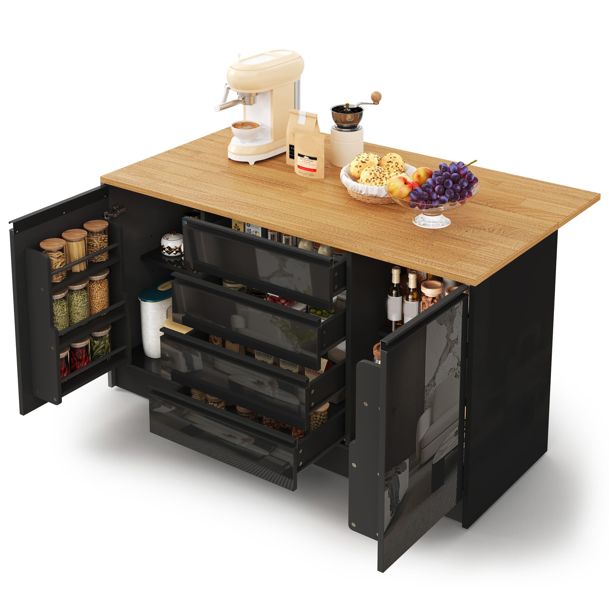 Kücheninsel Mit Klappplatte 4 Schubladen Holzoptik Schwarz, 140 Cm