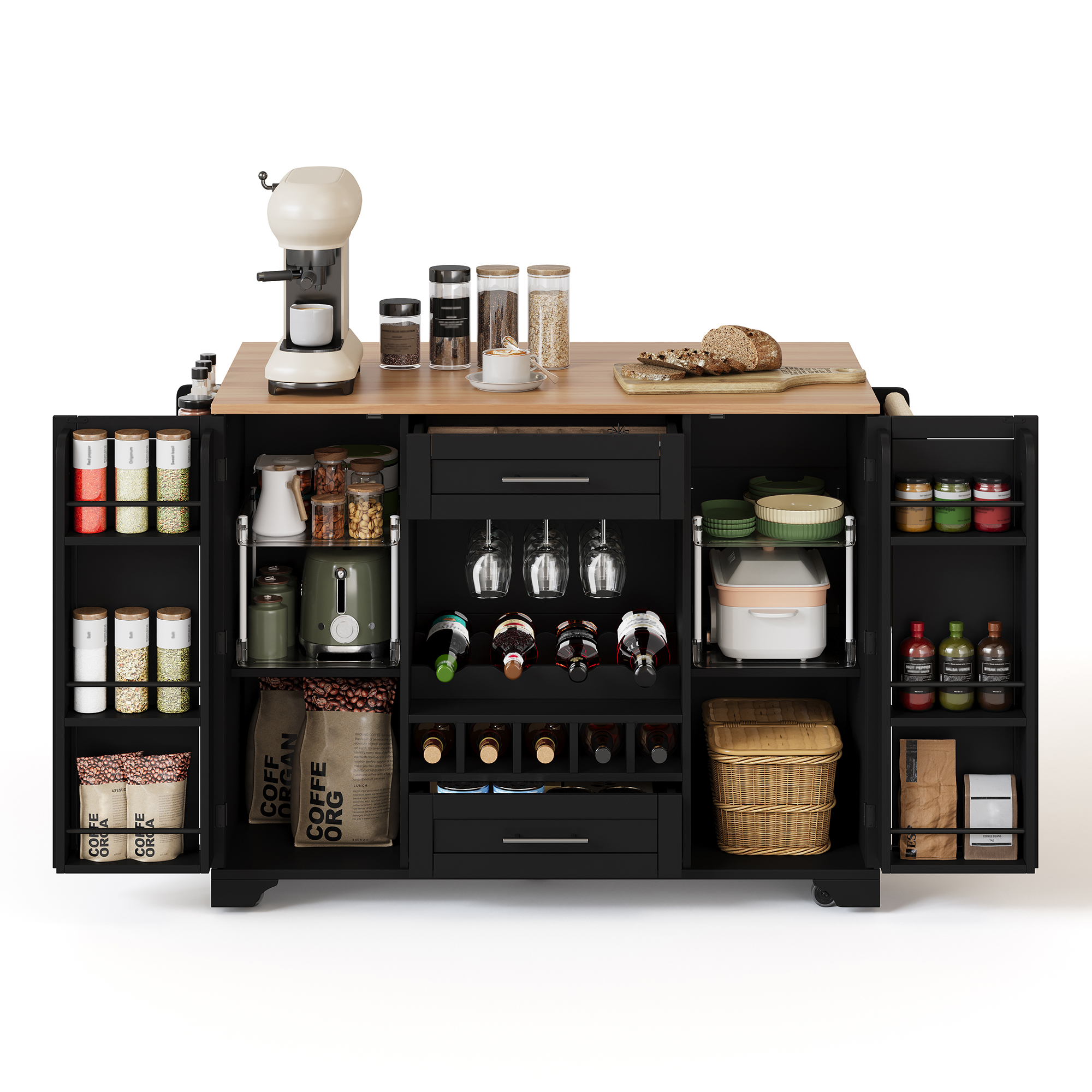 Kücheninsel Rollbar Mit Klappplatte Weinregal Schwarz Mdf, 138 X 45/70 X 92cm