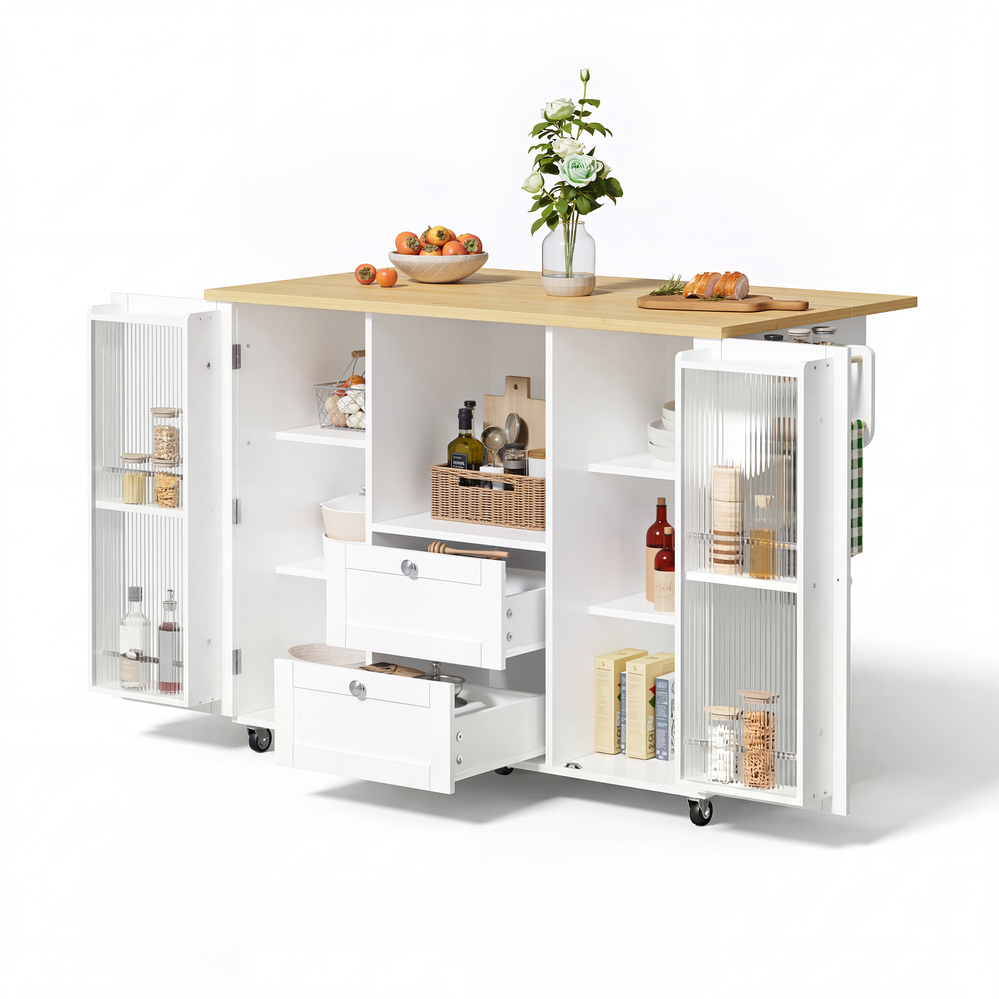 Kücheninsel Rollbar Mit Klappplatte Gewürzregal Mdf, 2 Schubladen, Handtuchhalter, 120 X 45 X 92 Cm