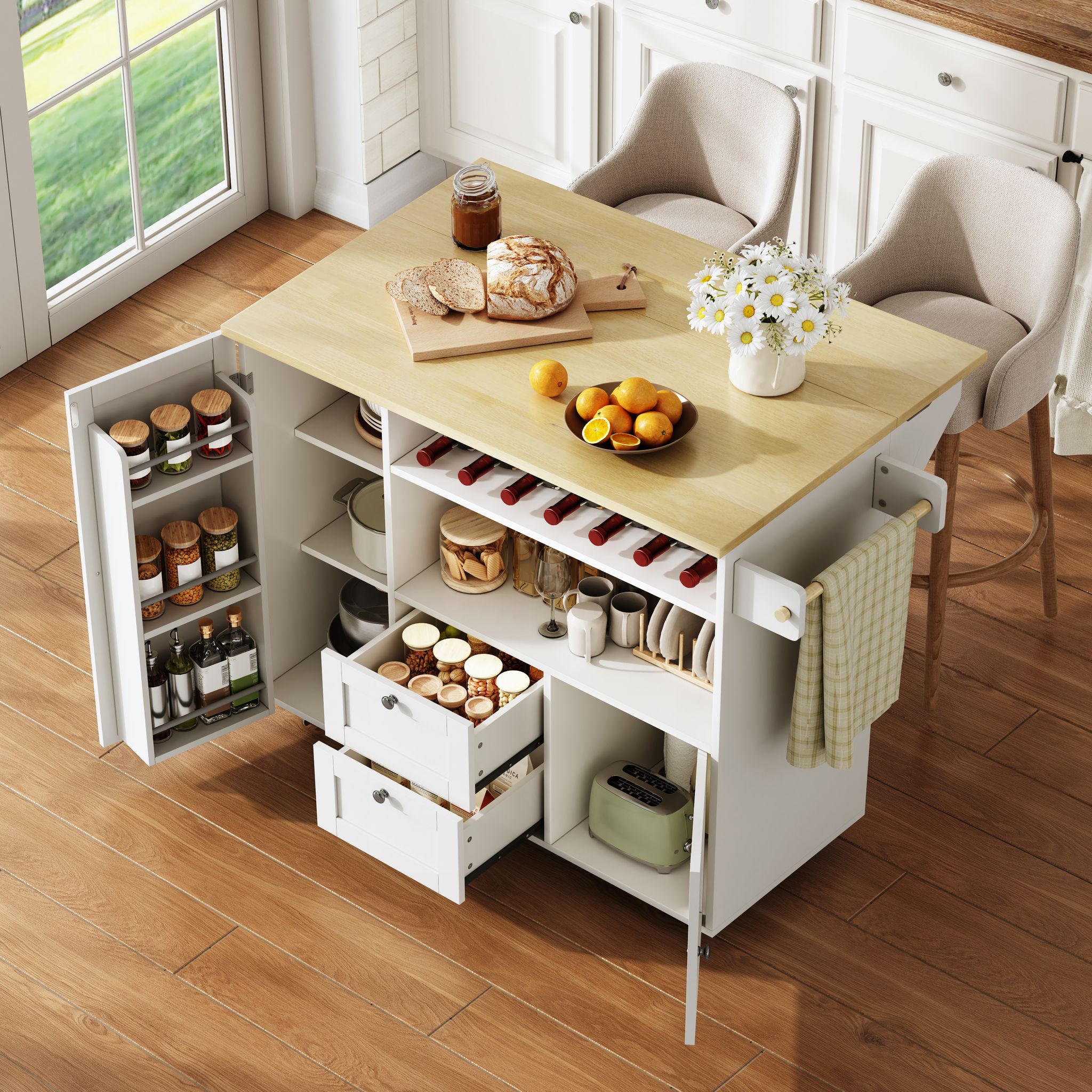 Kücheninsel Rollbar Mit Klappplatte Weinregal Schubladen, Mdf, 104 X 69 X 89 Cm