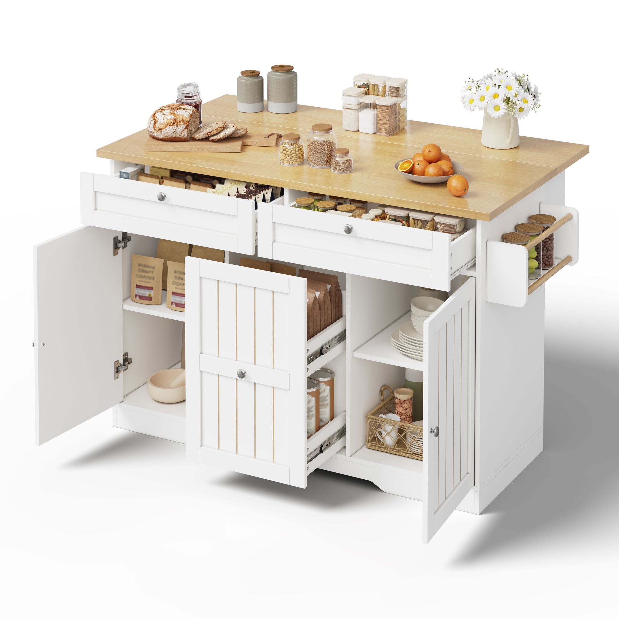 Kücheninsel Rollbar Mit Klappplatte Mdf Schubladen, 120 X 70 X 92 Cm