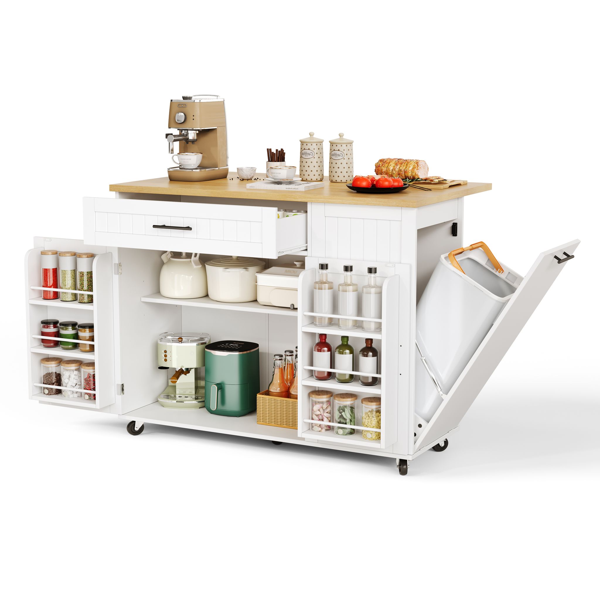 Kücheninsel Rollbar Mit Klappplatte, Integriertem Müllschrank, Mdf, Viel Stauraum, 130 X 70 X 93 Cm