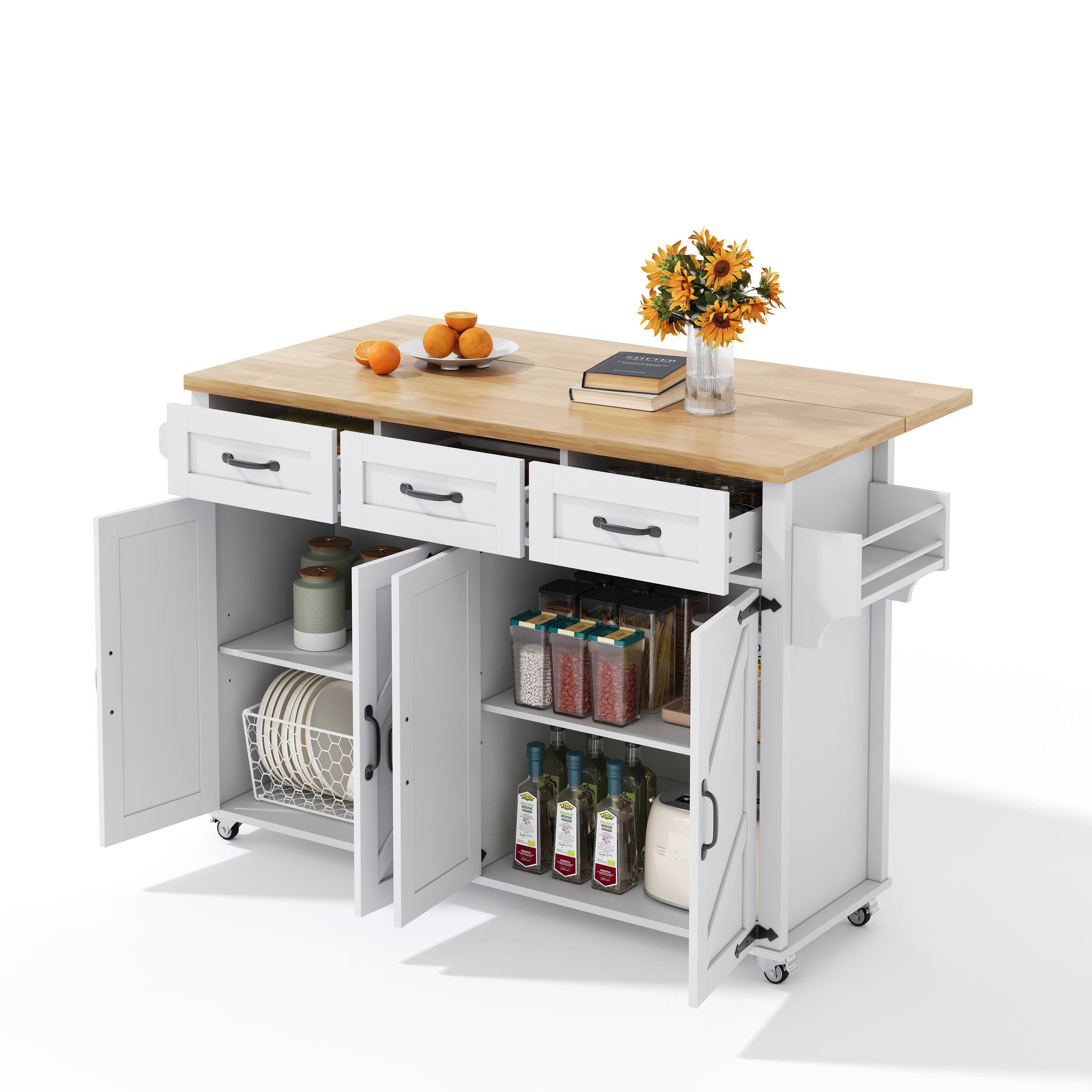 Kücheninsel Rollbar Mit Klappplatte 3 Schubladen Weiß, 4 Türen, Landhausstil, 140 X 43 X 90.5 Cm
