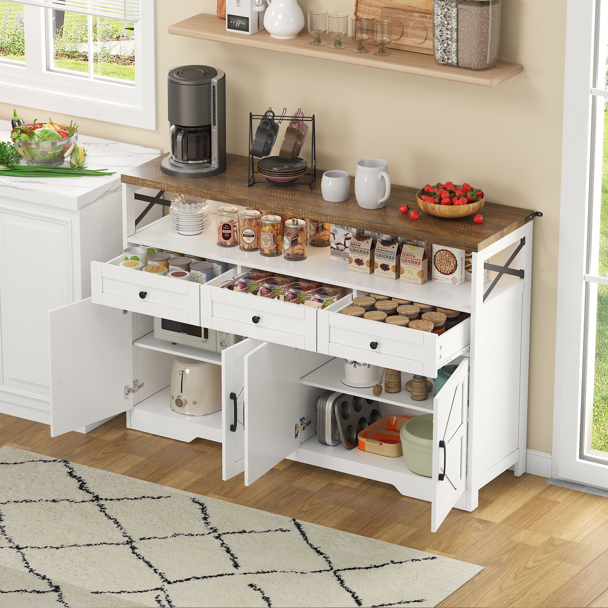 Küchensideboard 3 Schubladen Weiß Landhausstil Türen, 140 Cm