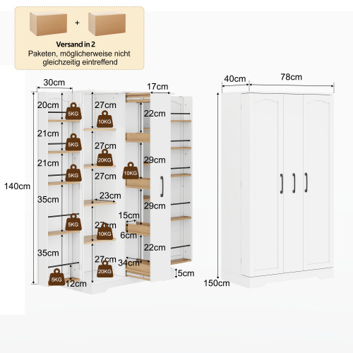Küchenschrank Gewürzregal Auszugregal Weiß Mdf, 4 Fächer, Verstellbare Einlegeböden, 150 X 78 X 40 Cm