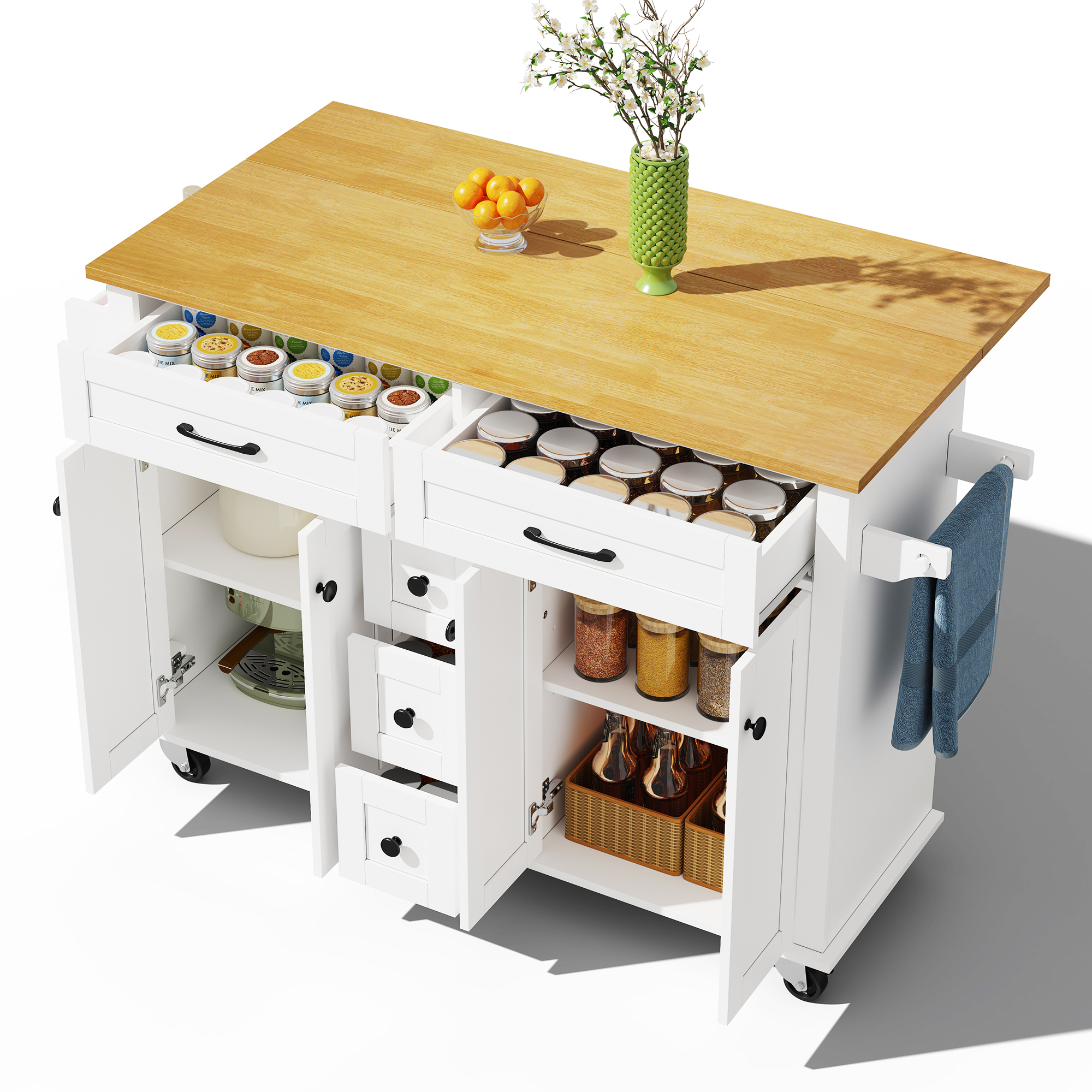 Kücheninsel Rollbar Ausziehbar Gewürzregal 5 Schubladen, 120 X 65 Cm