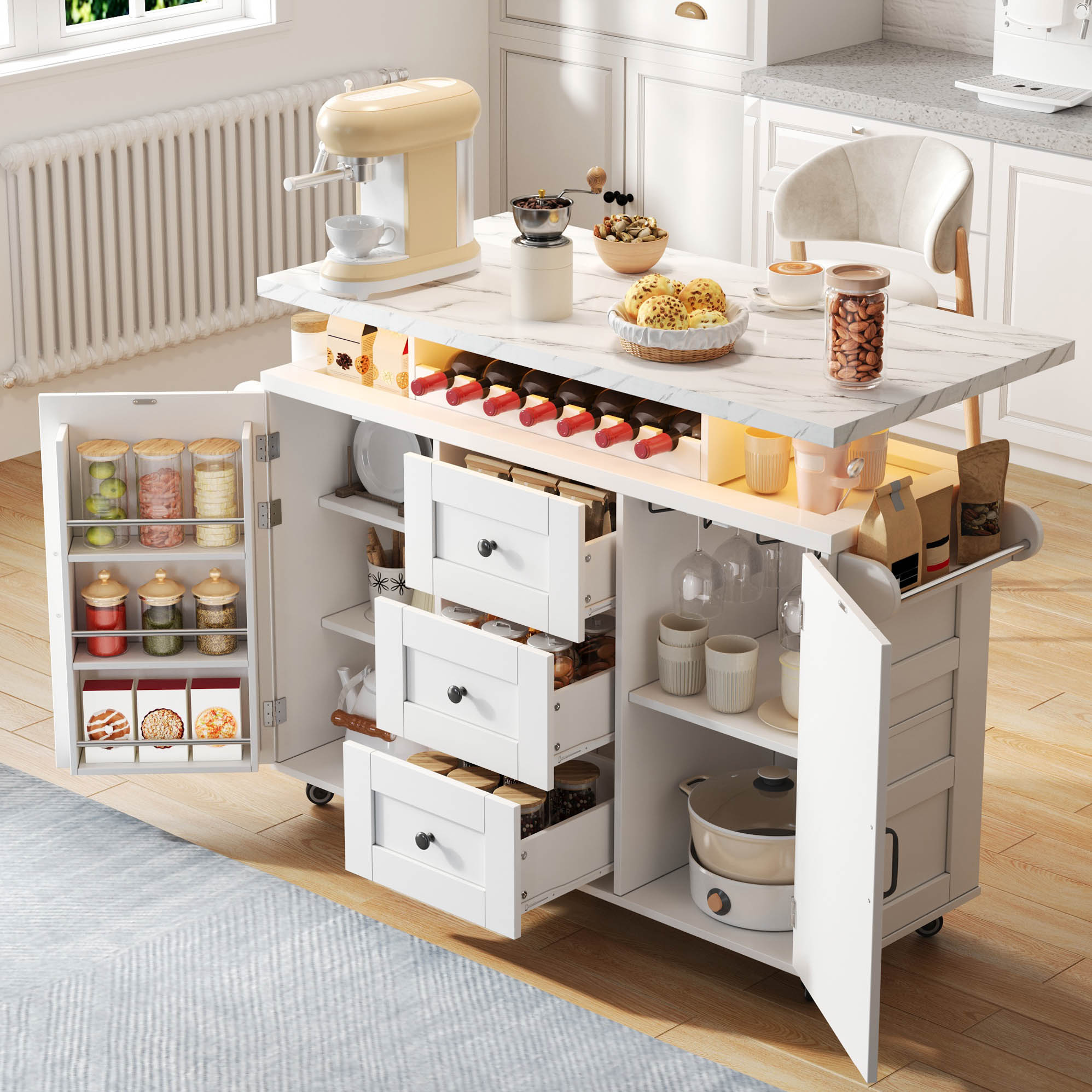 Kücheninsel Rollbar Mit Klappplatte, Weinregal, Glashalter, Türstauraum, Mdf, 5 Rollen, 138 X 60 X 93 Cm