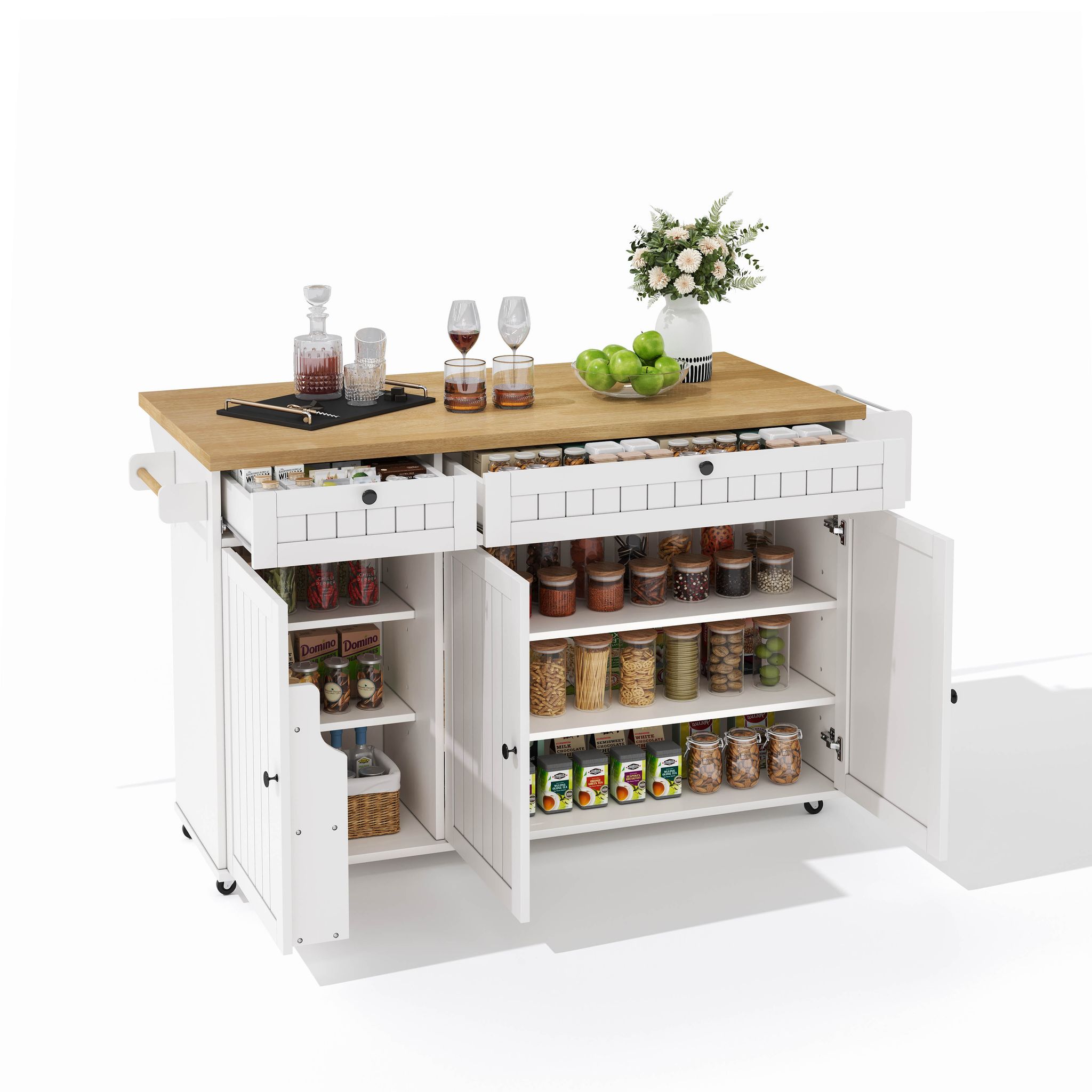 Kücheninsel Rollbar Mit Klappplatte 2 Schubladen Weiß, 137 X 89,5 X 45 Cm