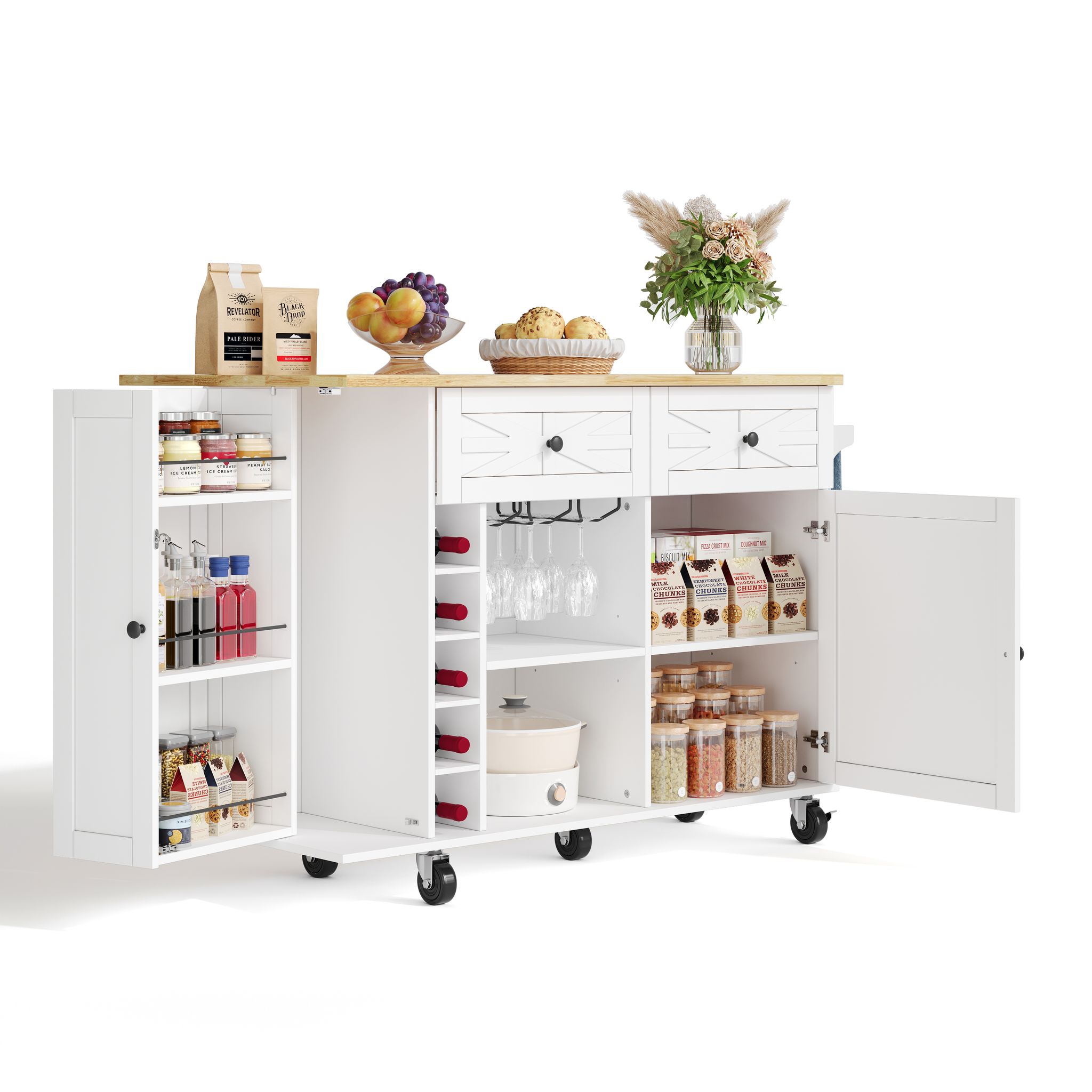 Kücheninsel Rollbar Mit Klappplatte Weinregal Weiß, 120 X 45(70) X 89 Cm