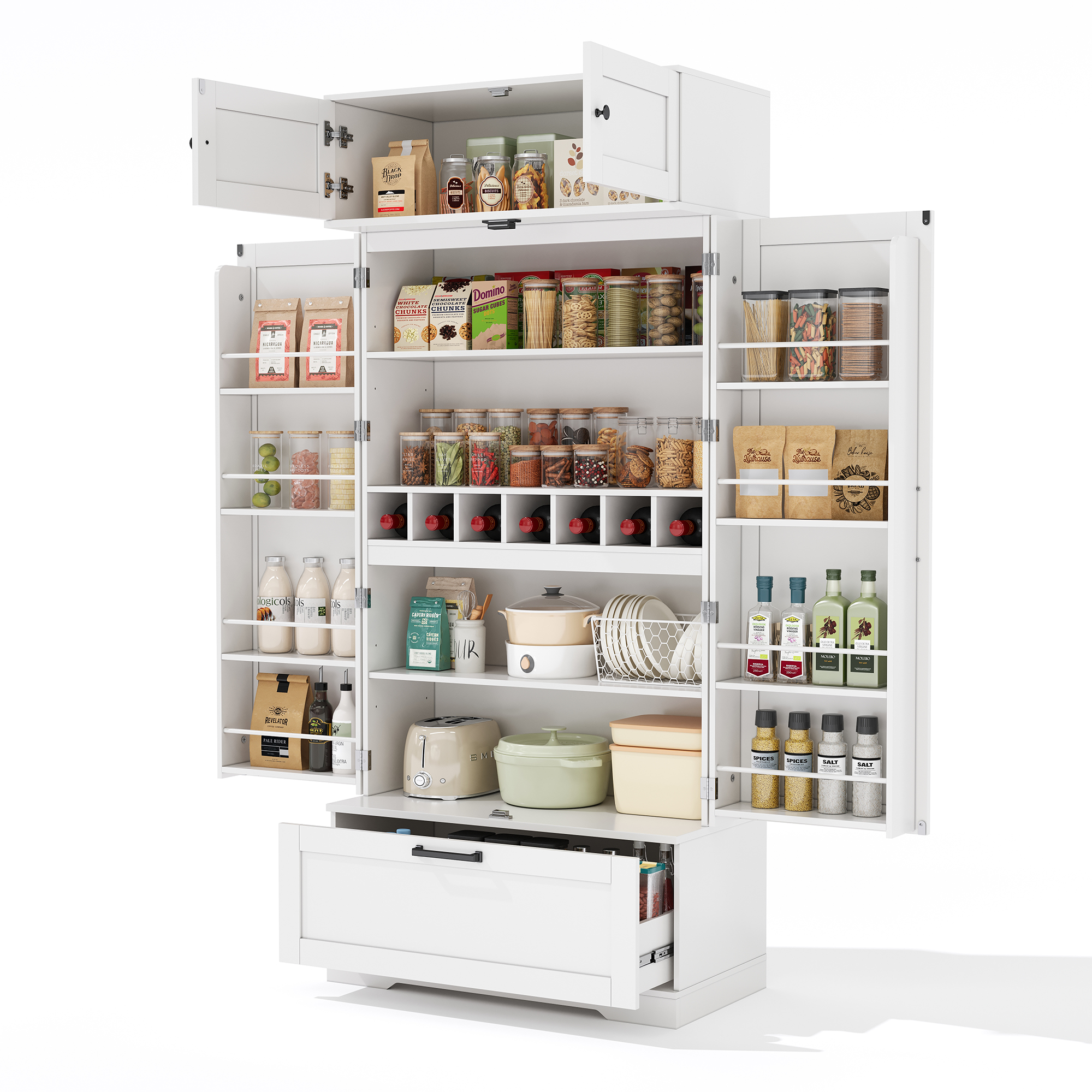 Küchenhochschrank Weinregal Industriestil Schubladen, Verstellbare Einlegeböden, 80 X 40 X 180cm