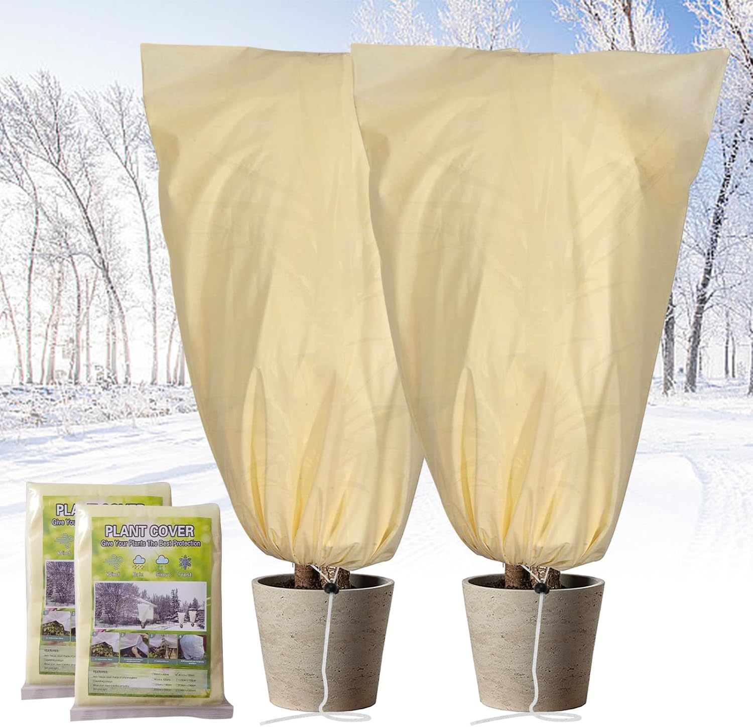 Winterschutzhülle Für Pflanzen Im Freien, 2 Stück, 80 X 100 Cm, 80 G/m², Mit Reißverschluss, Wiederverwendbar, Winterschutz Für Palmen, Beige