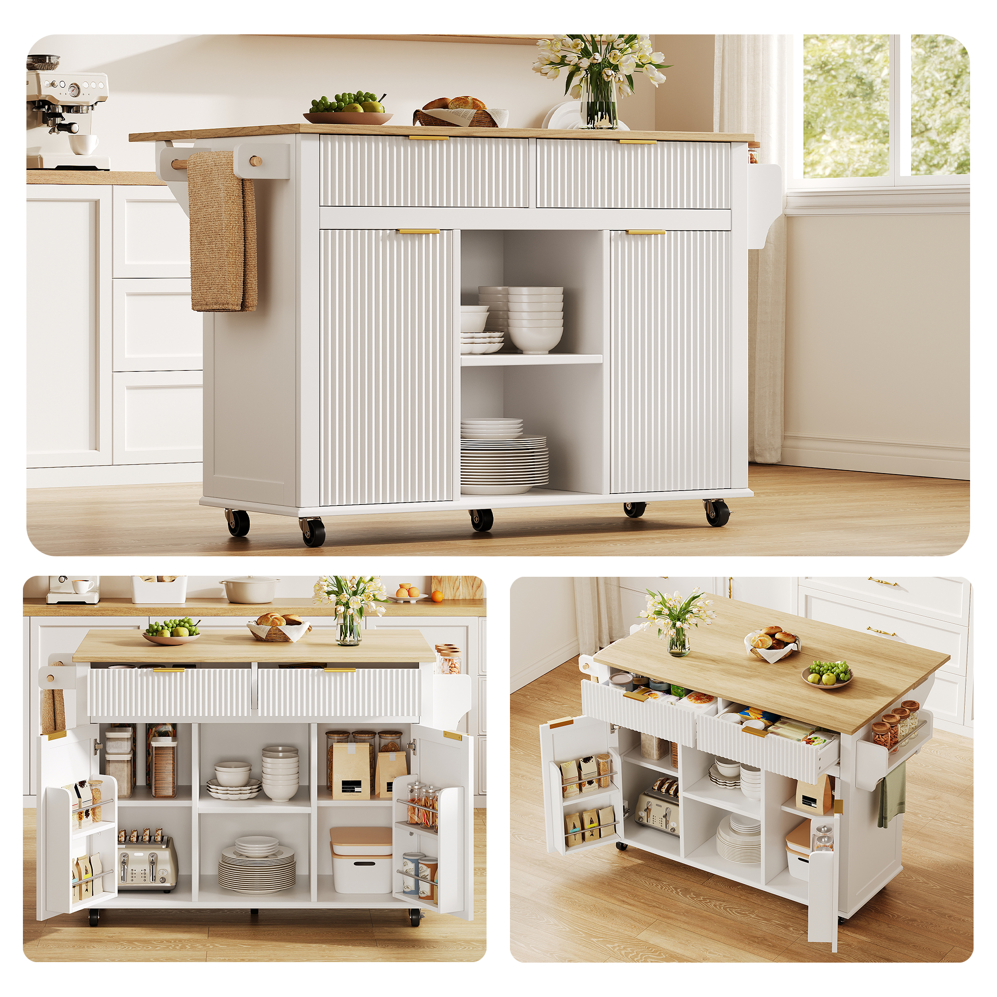 Kücheninsel Auf Rollen 120×45 Cm Mit Klappbarer Arbeitsplatte, Küchenwagen Mit 2 Schubladen, 2 Türen, Gewürzregalen Und Handtuchhaltern, Rollbarer Küchenschrank Mit Stauraum, Weiß – Erweiterbare Arbei