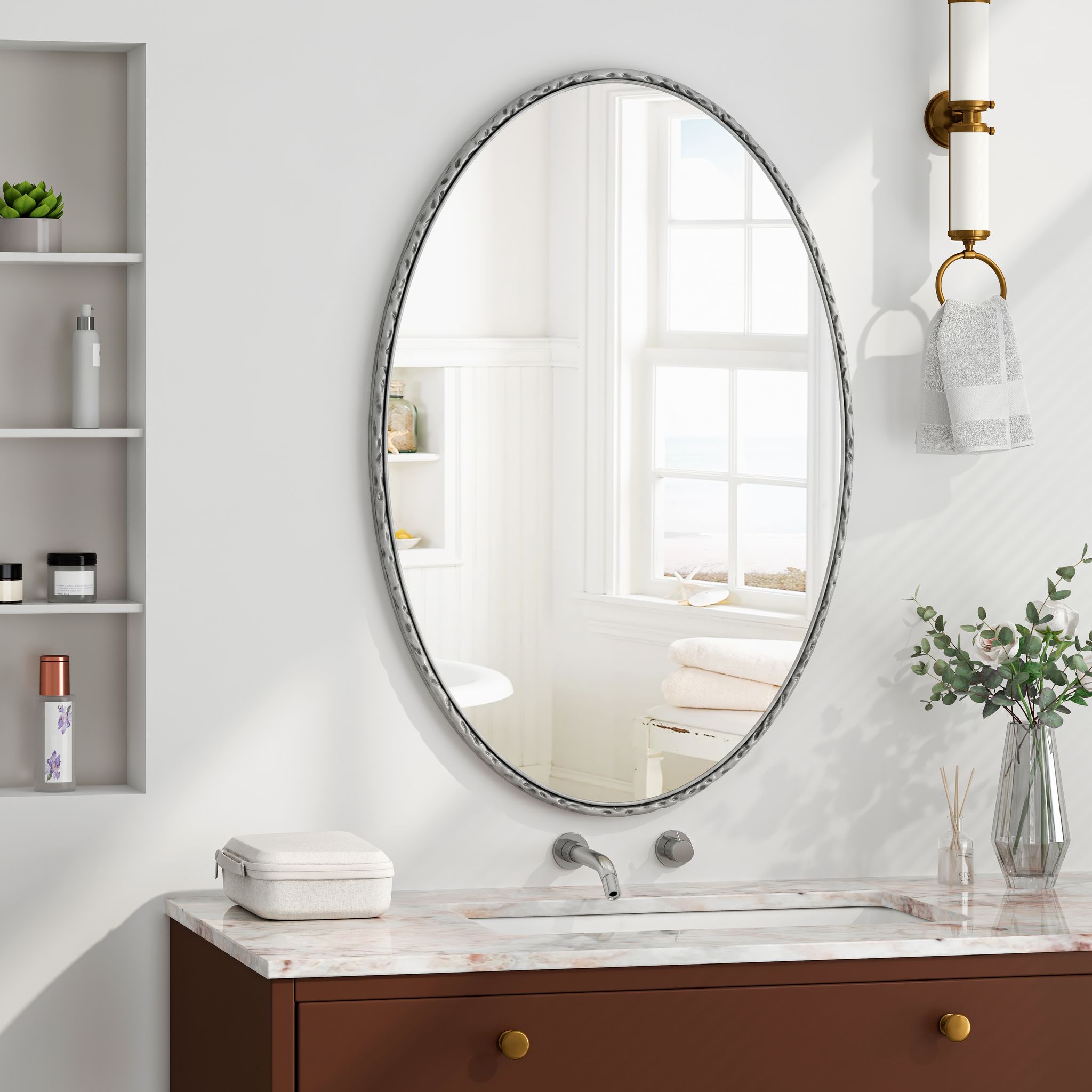 Iron Art Oval Retro Mirror, Antique Effect, Wall Hanging, Suitable For Bathroom, Bedroom, Living Room – High-quality Materials Crafted With Premium Glass And , 65×3×100 Cm, Silber