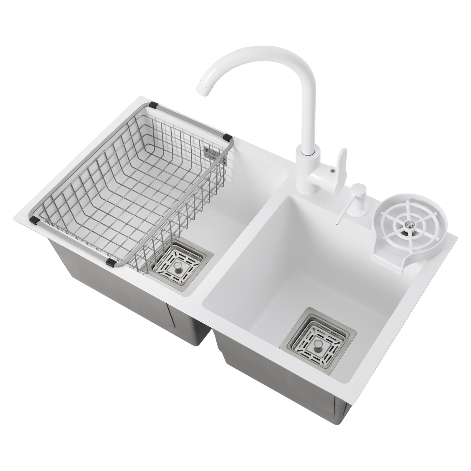 Weiße Küchenspüle Mit Zwei Becken, 71 × 38 Cm, Zum Einbau In Die Arbeitsplatte, Aus Edelstahl, Mit Warm- Und Kaltwasserhähnen, Siebkorb Und Seifenspender