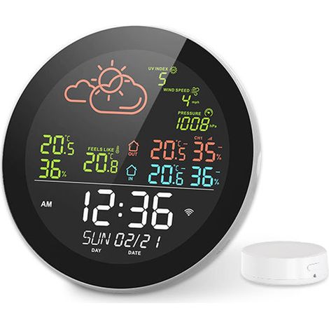 Tuya Multifunktionale Wlan-wetterstation Für Zuhause/büro, Farbdisplay, Uhr, Außen- Und Innentemperaturmesser, Hygrometer, Vorhersagetabelle, Kompatibel Mit Smartphones