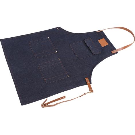 Jeansschürze Mit Schultergurten Und Lederriemen, Kochuniform Für Bäcker, Barkeeper Und Grillmeister