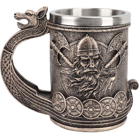 Vintage Viking Bierkrug, Großes Fassungsvermögen, Edelstahl, Mit Harz Ausgekleidet, Mit Verzierungen Für Bier Und Kaffee