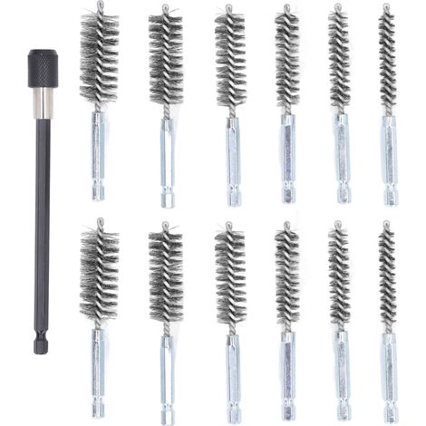 13-teiliges Bohrbürsten-set 8 Mm 10 Mm 12 Mm 15 Mm 17 Mm 19 Mm Durchmesser 1/4 Zoll Driftreinigungsbürsten Mit Stahldraht Und 15 Cm Verlängerungsstange (silber)