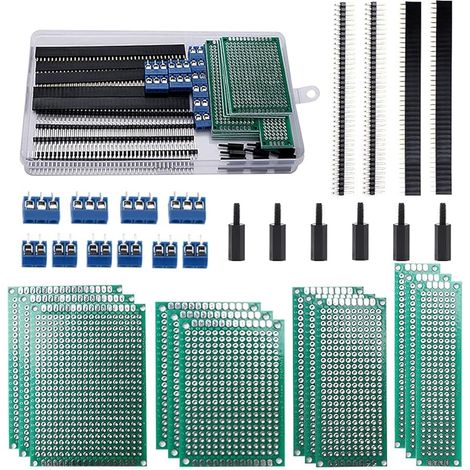 46-teiliges Doppelseitiges Leiterplatten-set, 12 Doppelseitige Leiterplatten-prototypenplatinen, 12 Stecker/buchsen-steckverbinder, 10 2/3-polige Schraubklemmenblöcke, 12 Nylon-säulen