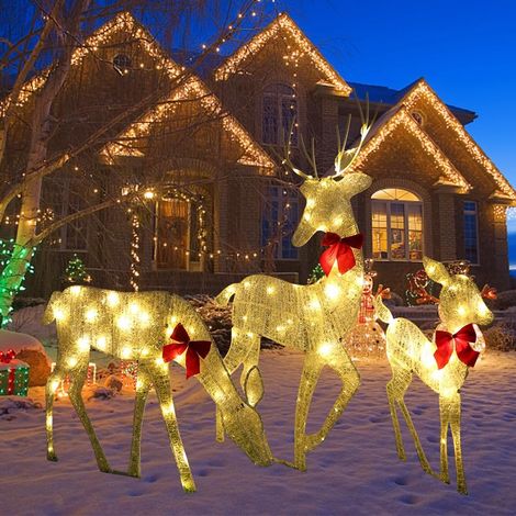Gistuch – 3er-set Beleuchtete Weihnachtshirsche – 60 Wasserdichte Led-lichter – Gartendekoration Für Terrasse Und Garten