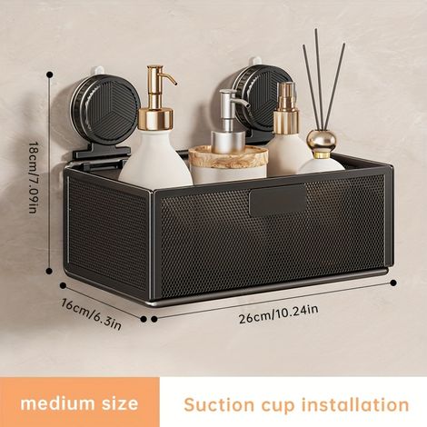 Wandregal Mit Saugnapf – Kein Bohren Erforderlich – Geräumiger Netzkorb Mit Handtuchhaken, Modernes Schwarzes Design, Badezimmer- Und Wohnaccessoires