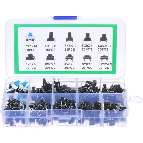 Sortiment Taktiler Drucktaster, 180 Stück, Momentan-mikroschalter, 10 Werte, 6x6mm, 4 Pins