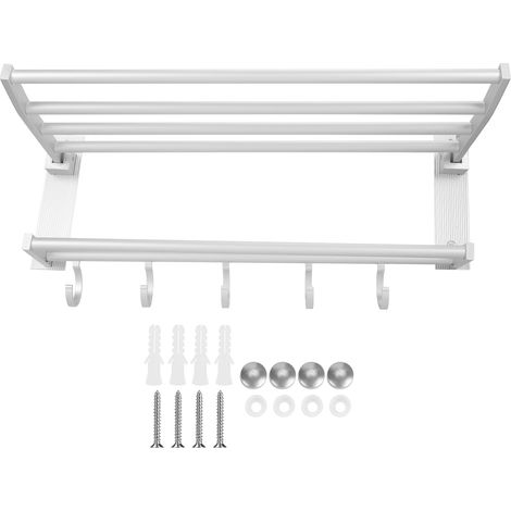 Klappbare Duschablage Aus Aluminium, 40 Cm, Handtuchhalter Fürs Badezimmer, Garderobenständer Mit 5 Haken, Silber