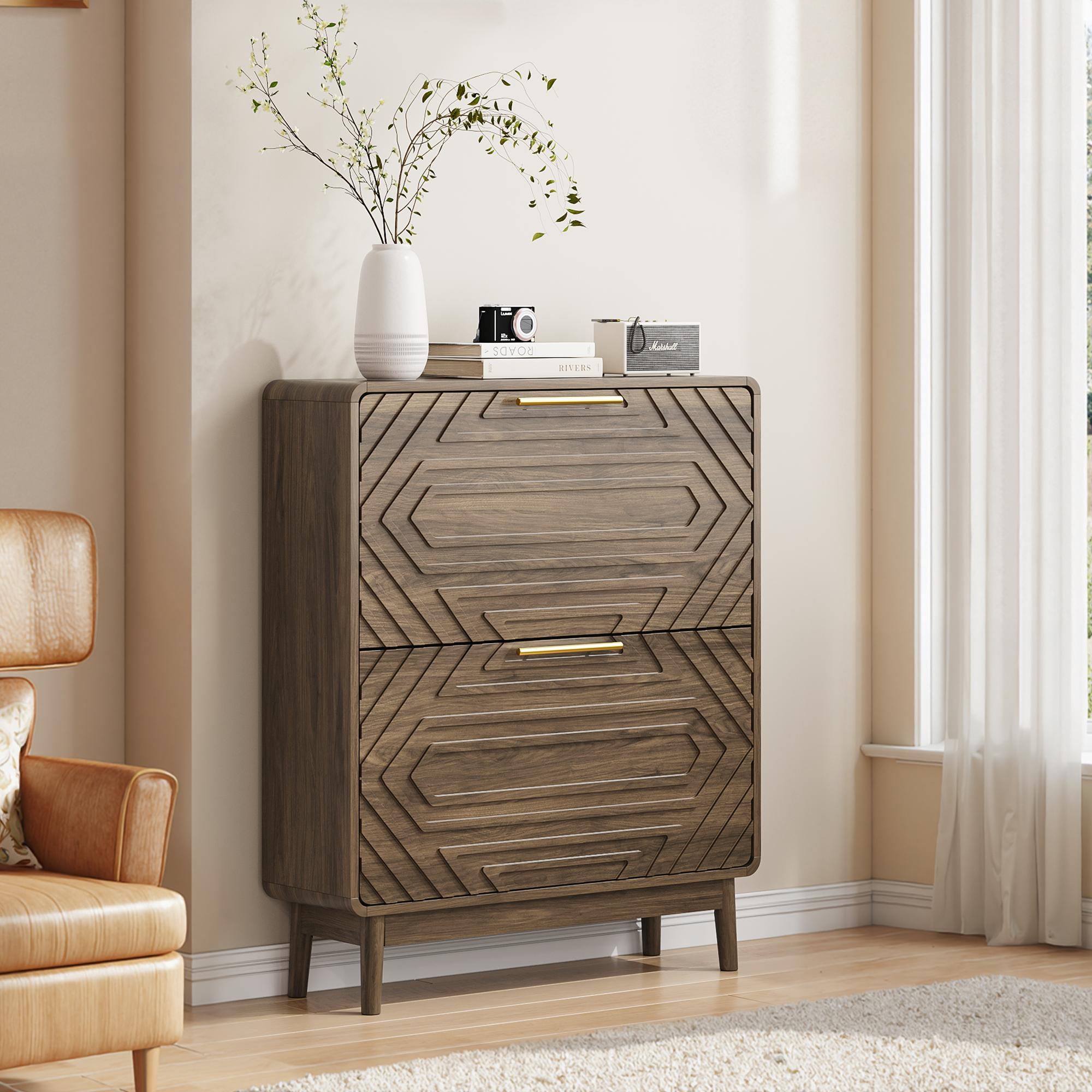 Schuhschrank 80x24x95 Cm Für Flur Und Eingangsbereich Mit 2 Kippschubladen Und Verstellbaren Ablagen Im Mid-century-modern-stil Aus Mdf - Walnuss