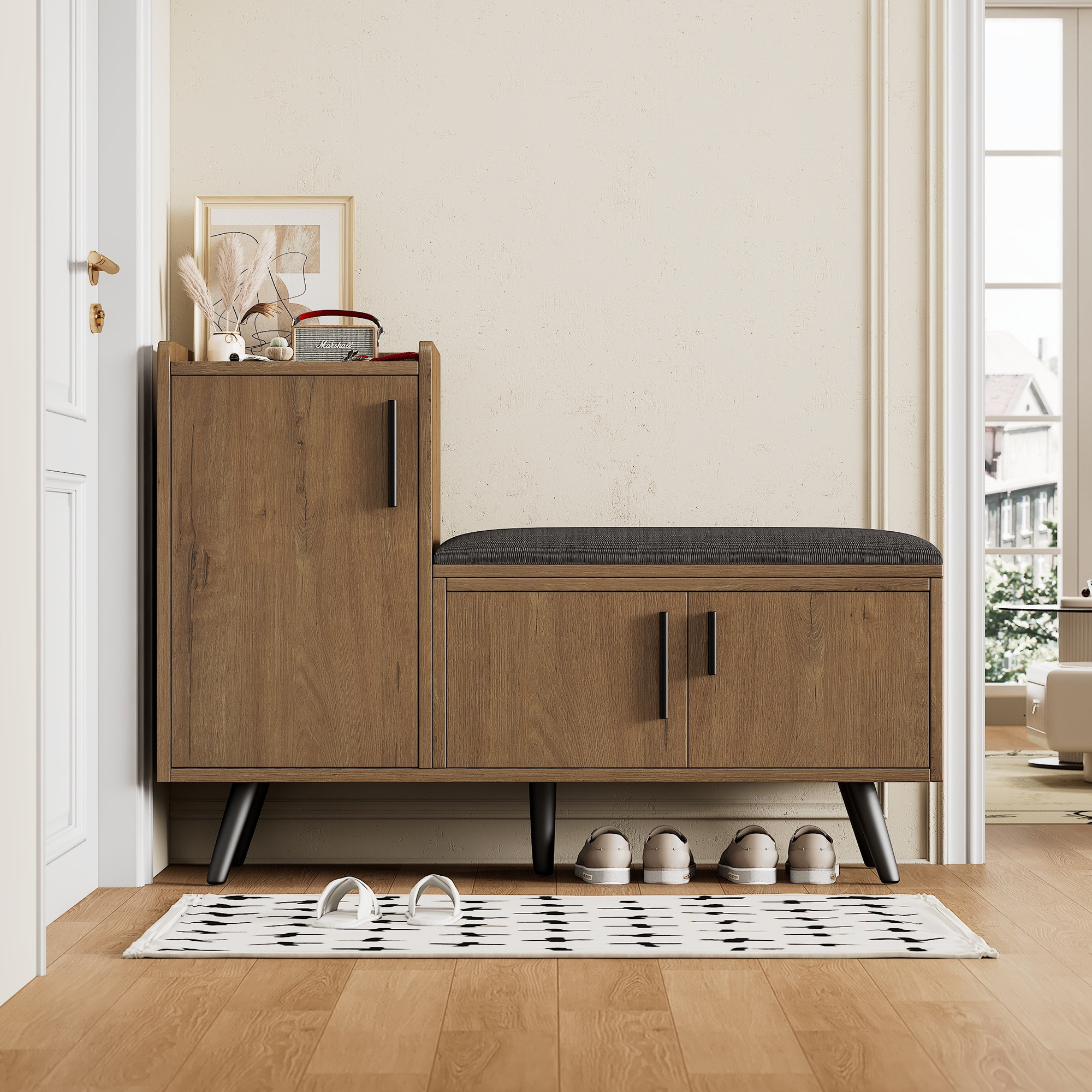 Schuhbank Mit Sitzkissen 100x34x68.5 Cm - Flur Sitzbank Mit 3 Türen Und Metallgriffen - Moderner Schuhschrank Aus Holzspanplatte Für Eingangsbereich - Natur
