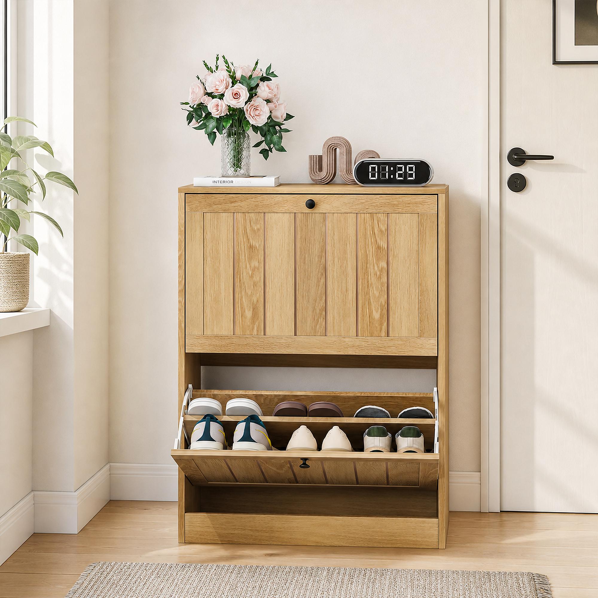 Schuhschrank 60 Cm Flur - Freistehender Schuhkipper Mit 2 Klappschubladen Und Verstellbaren Regalen Im Mid-century-modern-stil Aus Holzwerkstoff - Eichenfarben