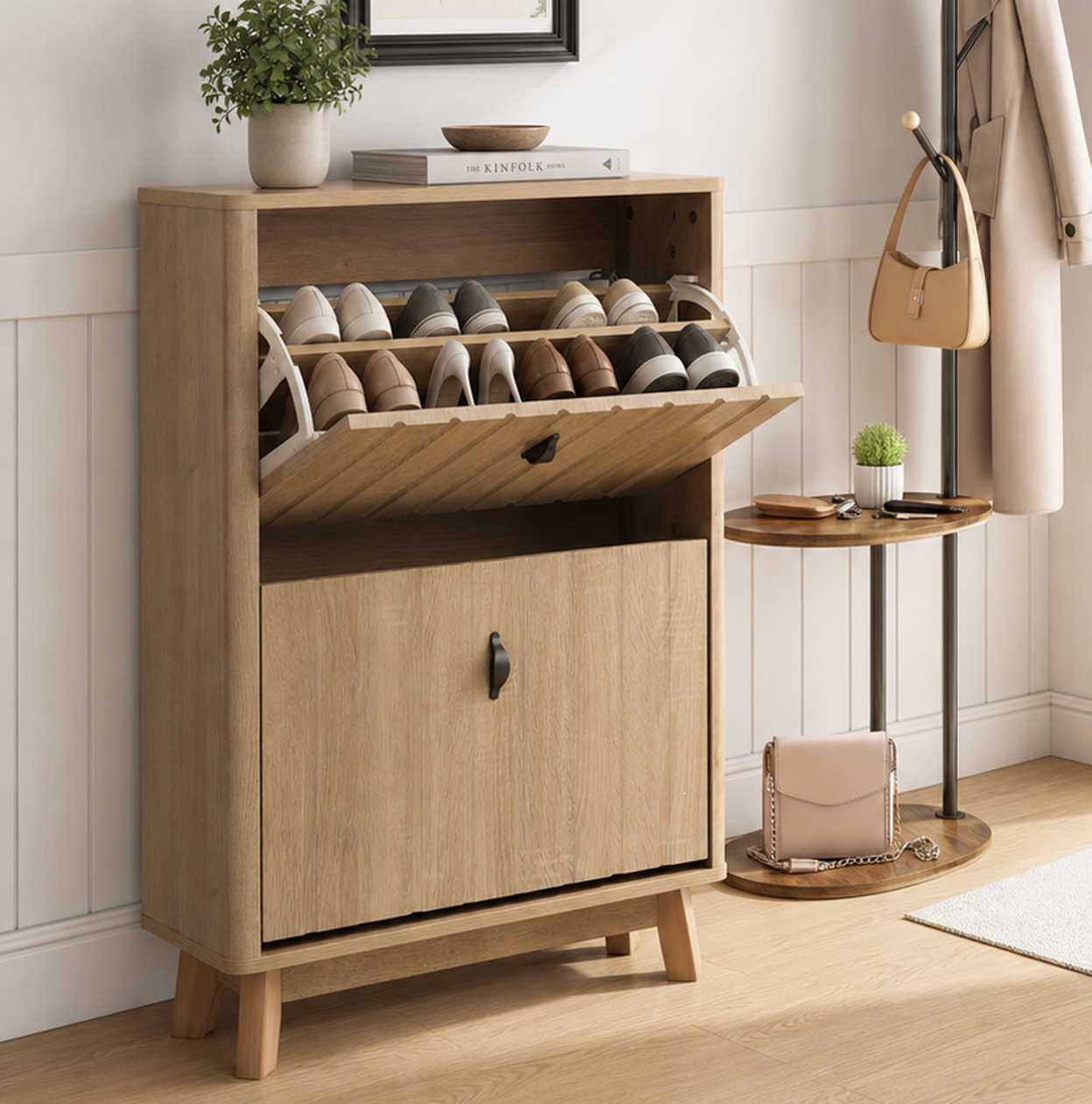 Schuhschrank Schmal Für Den Flur - 60x24x94 Cm - Schuhkipper Mit Verstellbaren Regalen Für 12-16 Paare - Moderner Skandinavischer Holzstil - Eiche