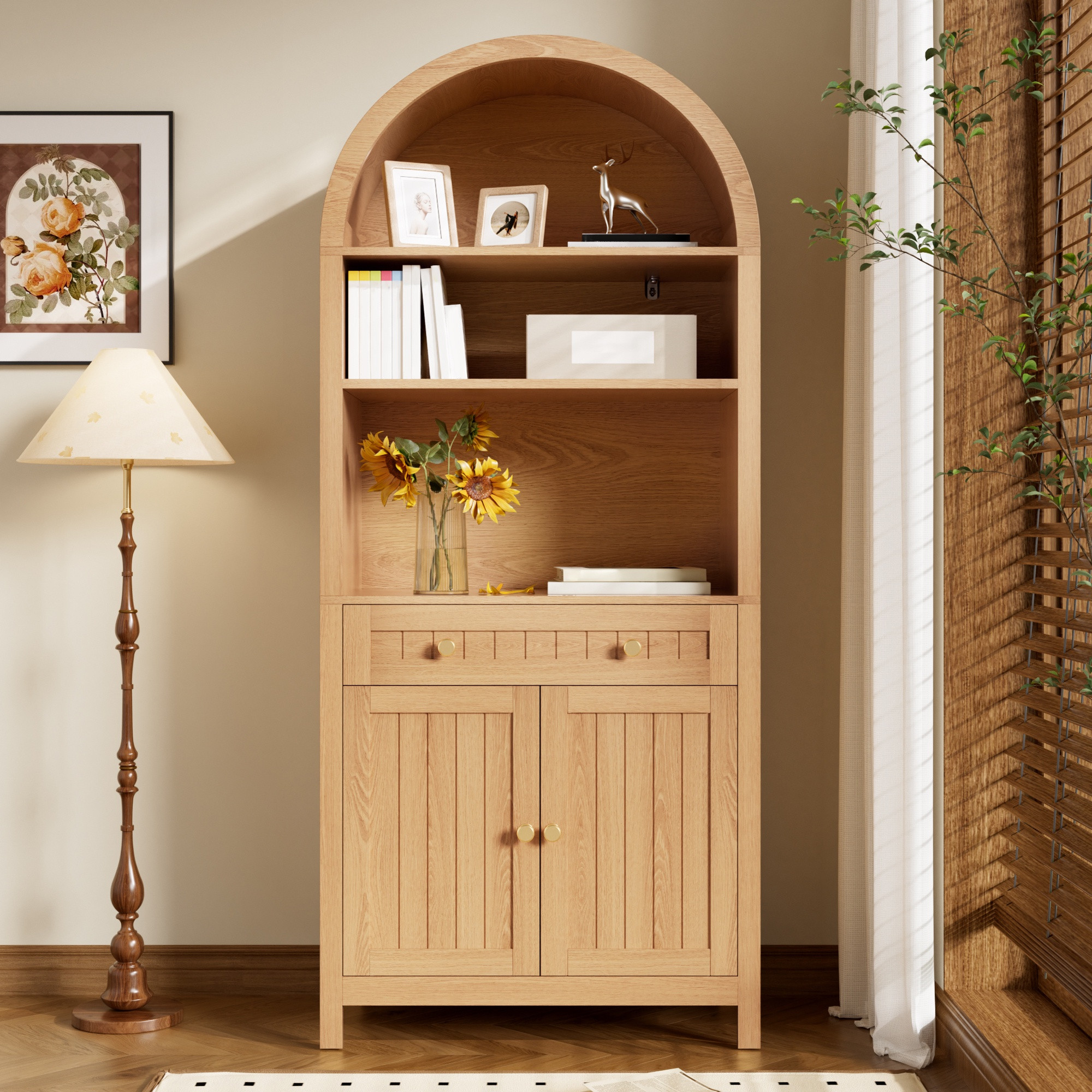 Hochschrank Küche 76x40x180 Cm - Vorratsschrank Mit Bogenregal Schublade Und Integrierten Gewürzregalen Aus Mdf - Natur