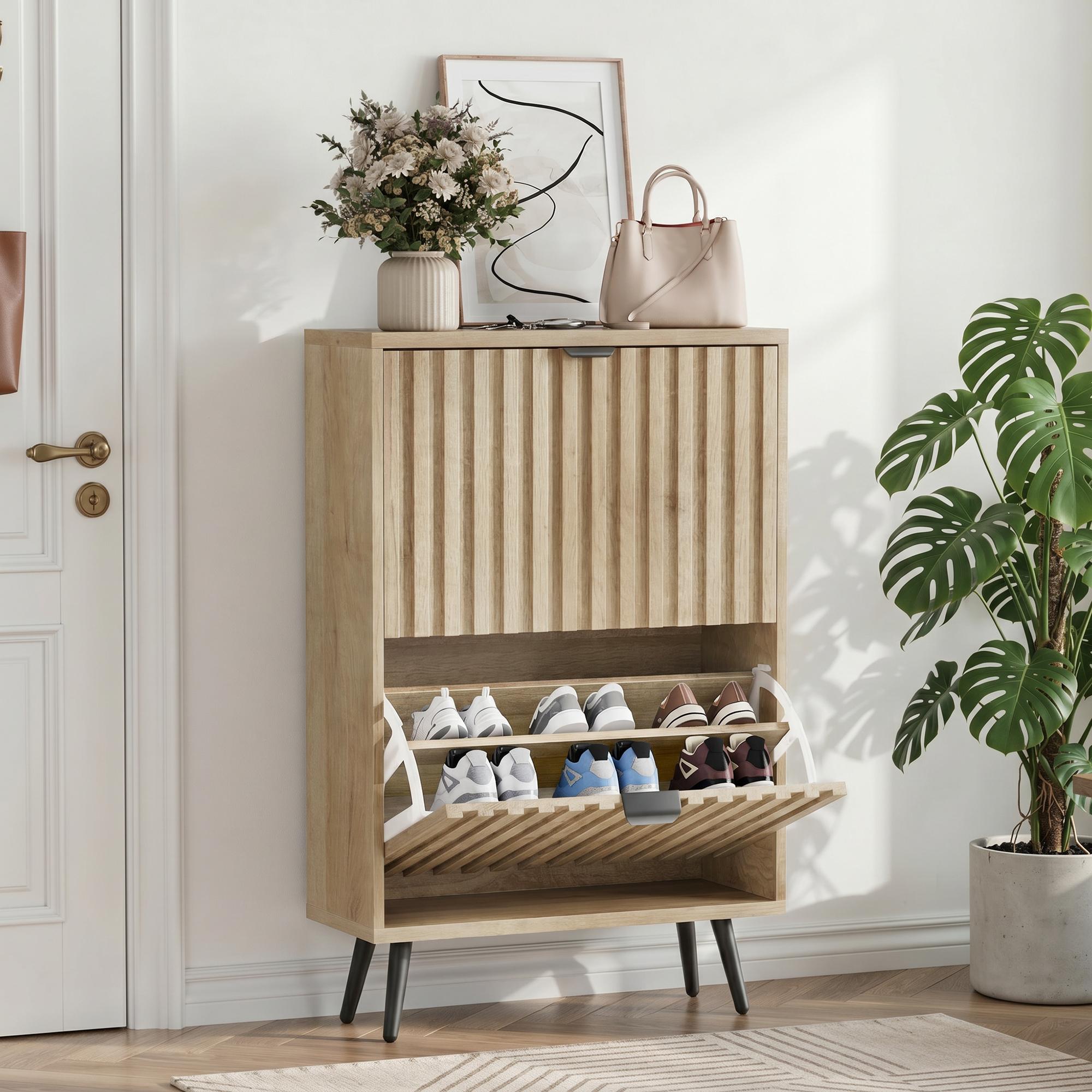 Schuhschrank 60 Cm Breit - Schuhkipper Freistehend Mit 2 Kippfächern Und Verstellbaren Böden Im Mid-century-stil Aus Mdf In Holzoptik Eiche Natur Für Flur Und Eingangsbereich