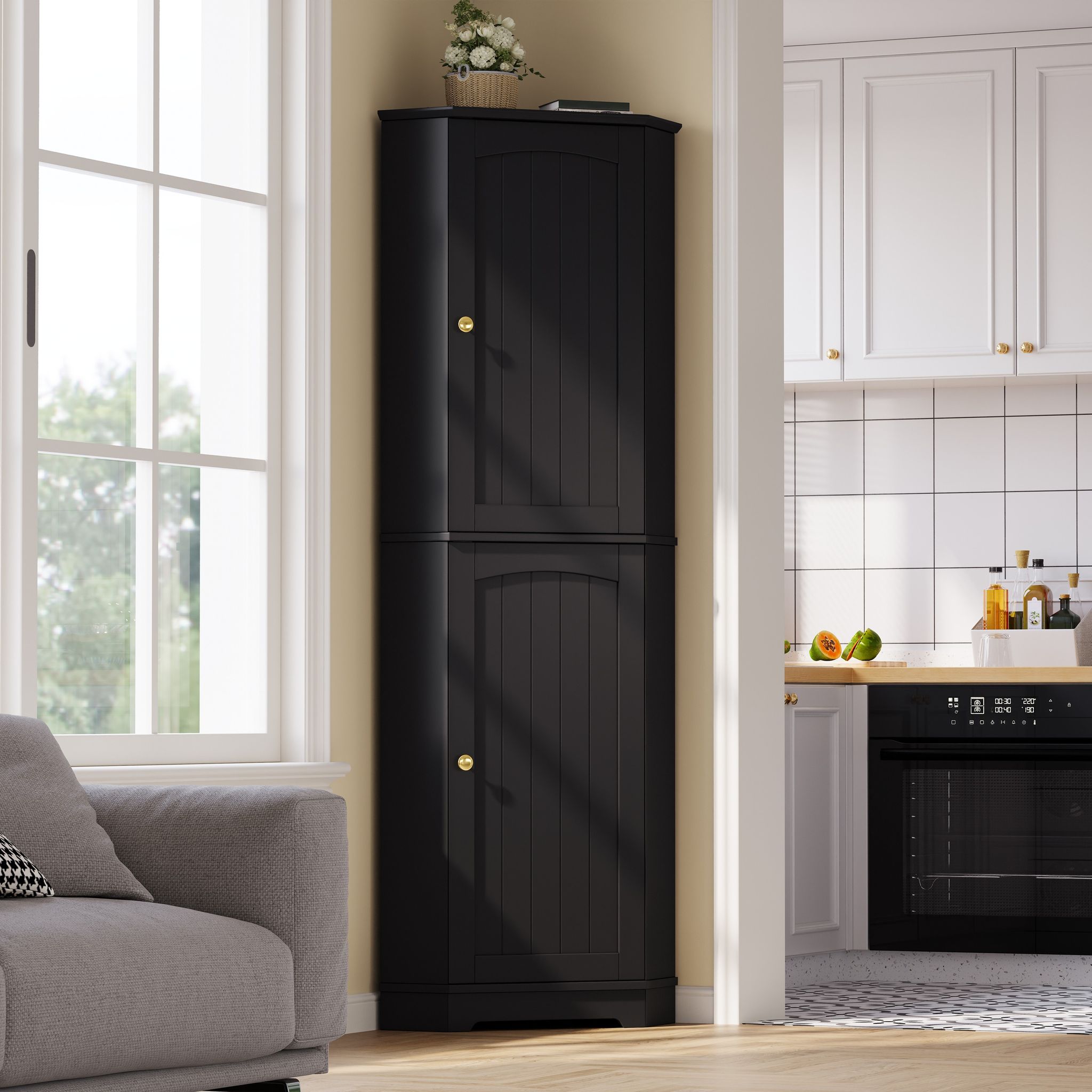 Eckschrank Aufbewahrungsschrank Mit 2 Türen Und Verstellbaren Einlegeböden - Platzsparender Ecken-hochschrank Für Küche Wohnzimmer Badezimmer - Mdf 42 X 42 X 166 Cm - Schwarz