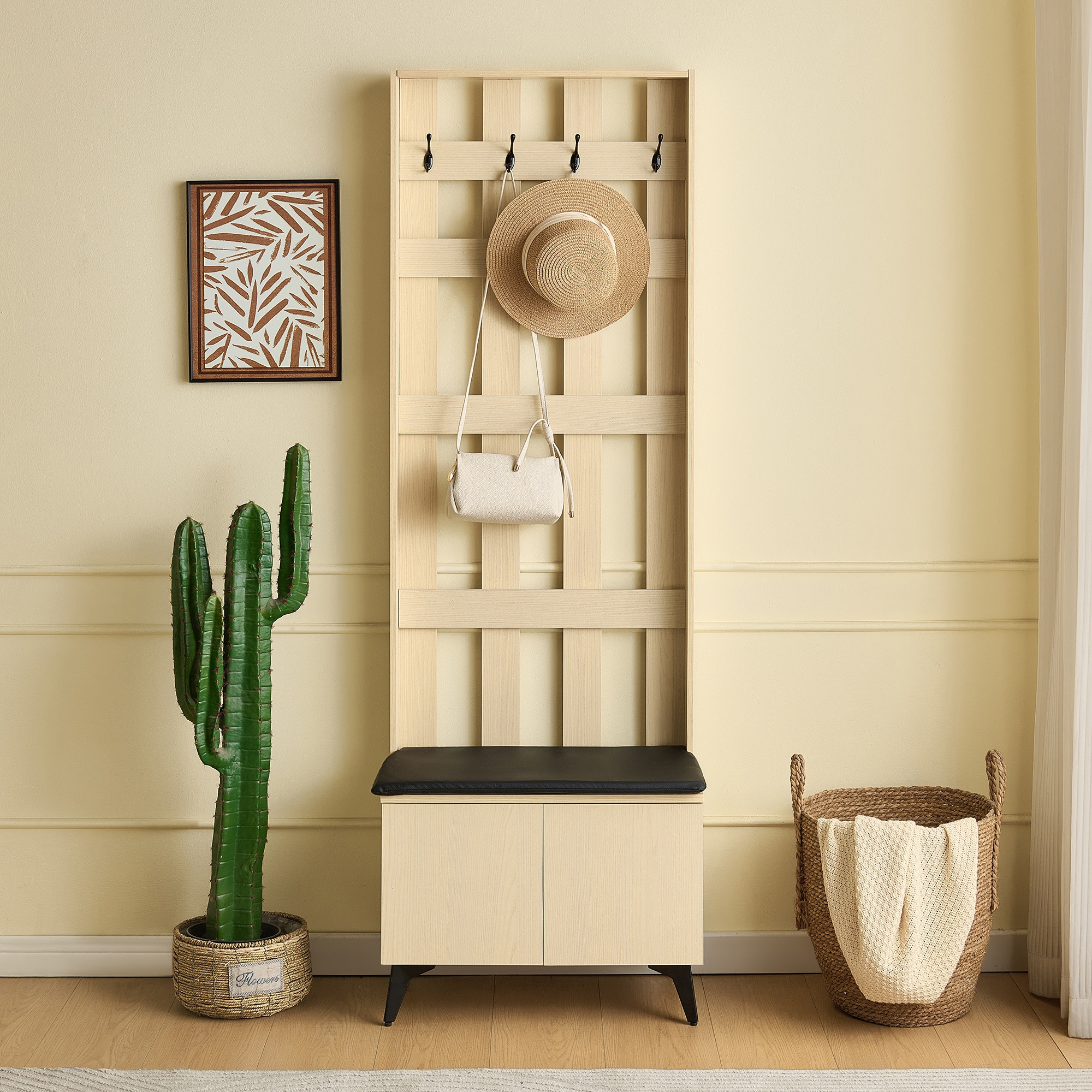 Garderobe Mit Sitzbank Und Kleiderhaken - 60 X 35 X 179,5 Cm - Moderner Flurgarderobenständer Mit Schuhschrank Und Stahlbeinen - Holzoptik Und Schwarz