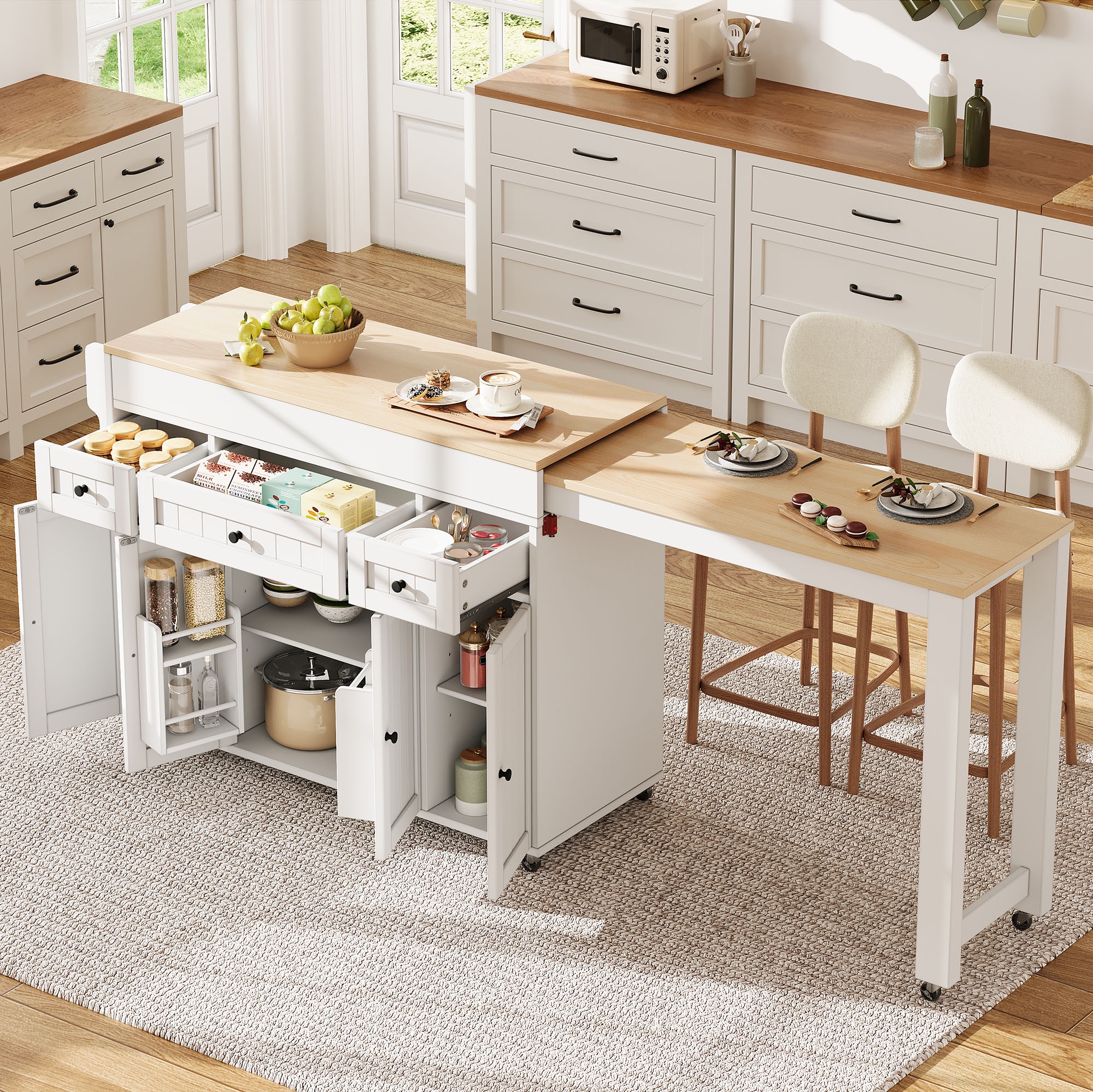 Kücheninsel Auf Rollen Ausziehbar 137-190x45,2x92 Cm - Mobiler Küchenwagen Mit Gewürzregal Und Schubladen - Moderner Küchenschrank Aus Mdf - Weiß Und Natur