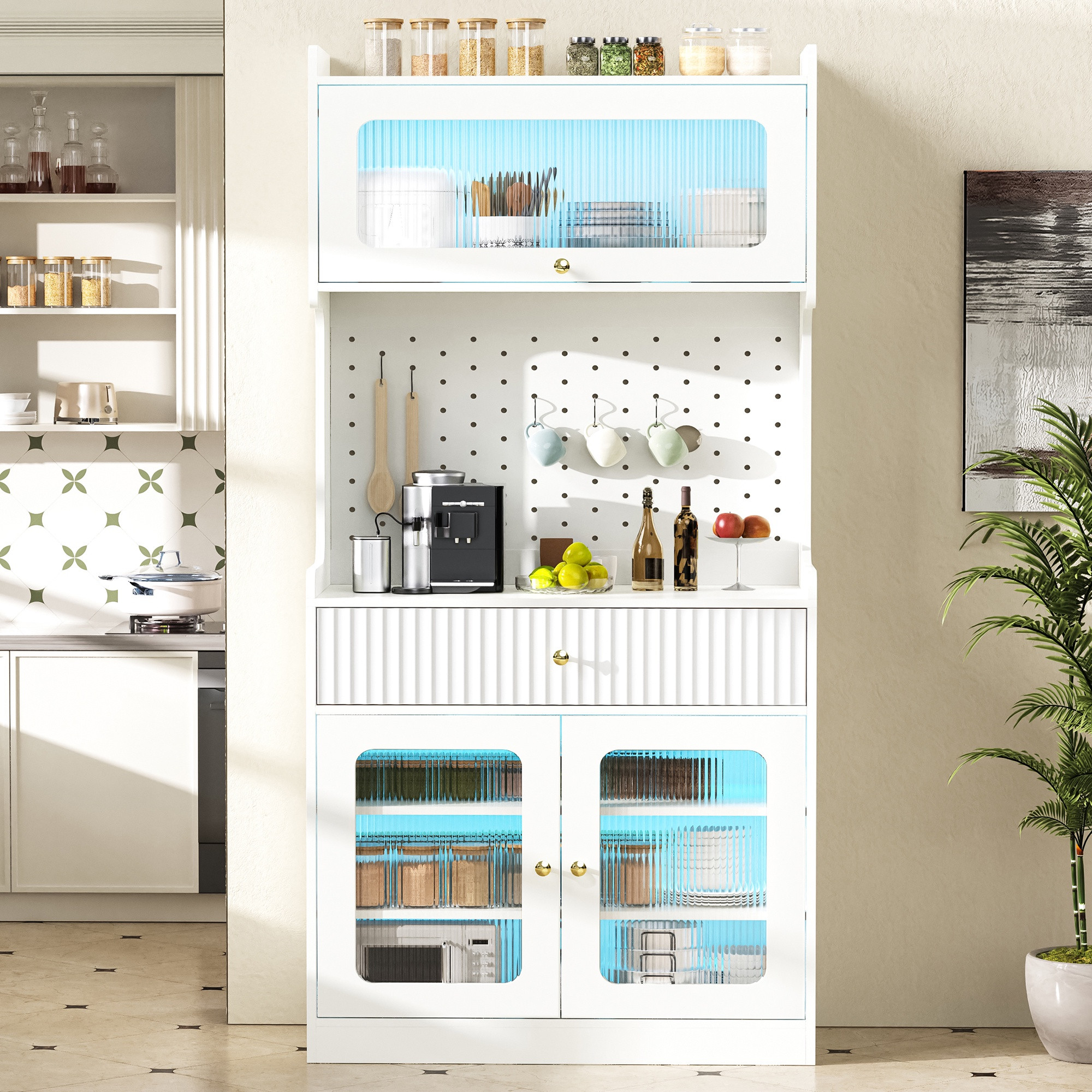 Highboard Küchenschrank 80x40x180cm Mit Led-beleuchtung Und Riffelglas - Moderner Geschirrschrank Mit Schublade Und Lochplatte Für Esszimmer Wohnzimmer - Mdf Weiß