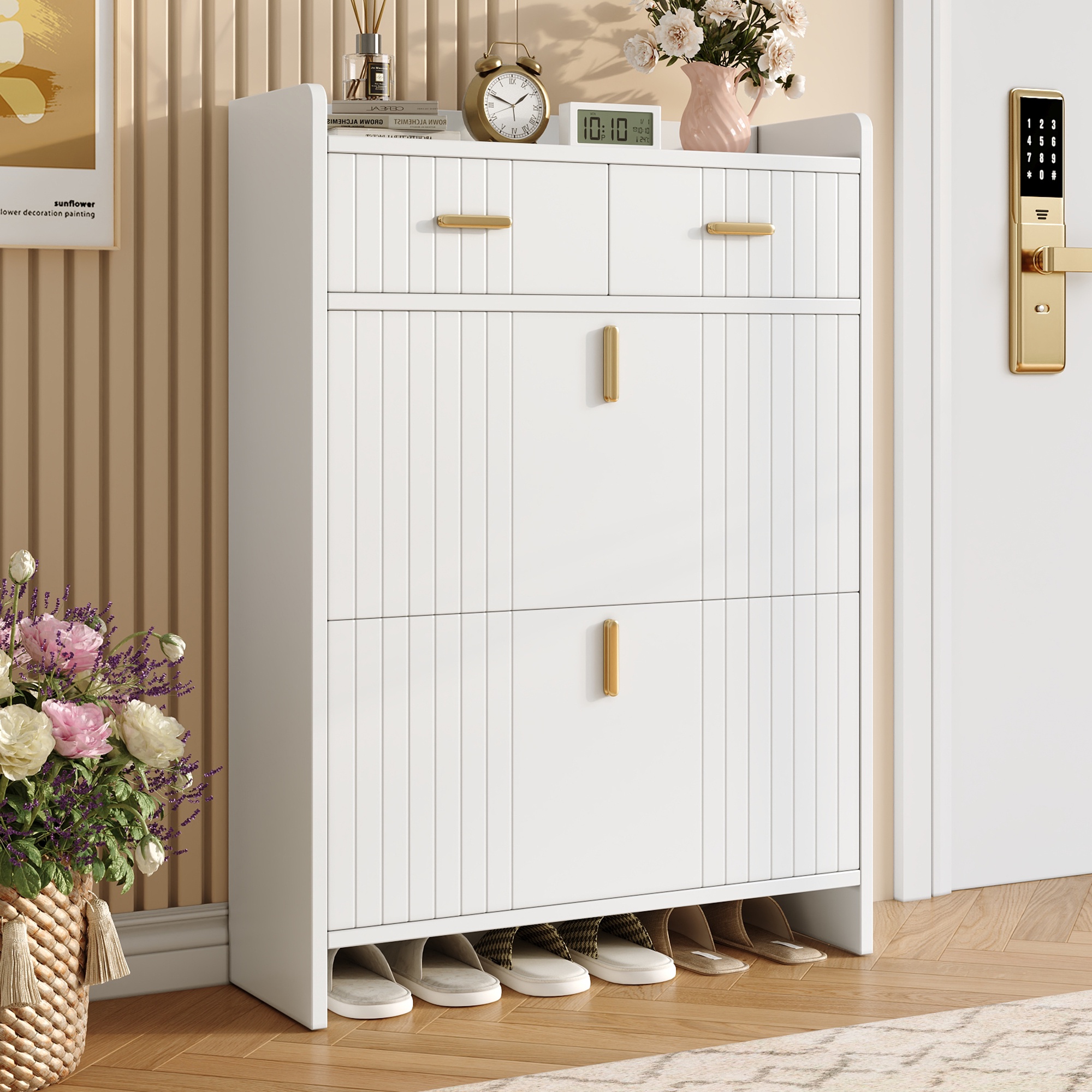 Schuhschrank Schmal - 75 X 24 X 108.5 Cm - Flur Schuhkipper Platzsparend Mit 2 Klappfächern Und Schublade - Moderner Stil Aus Spanplatte - Weiß