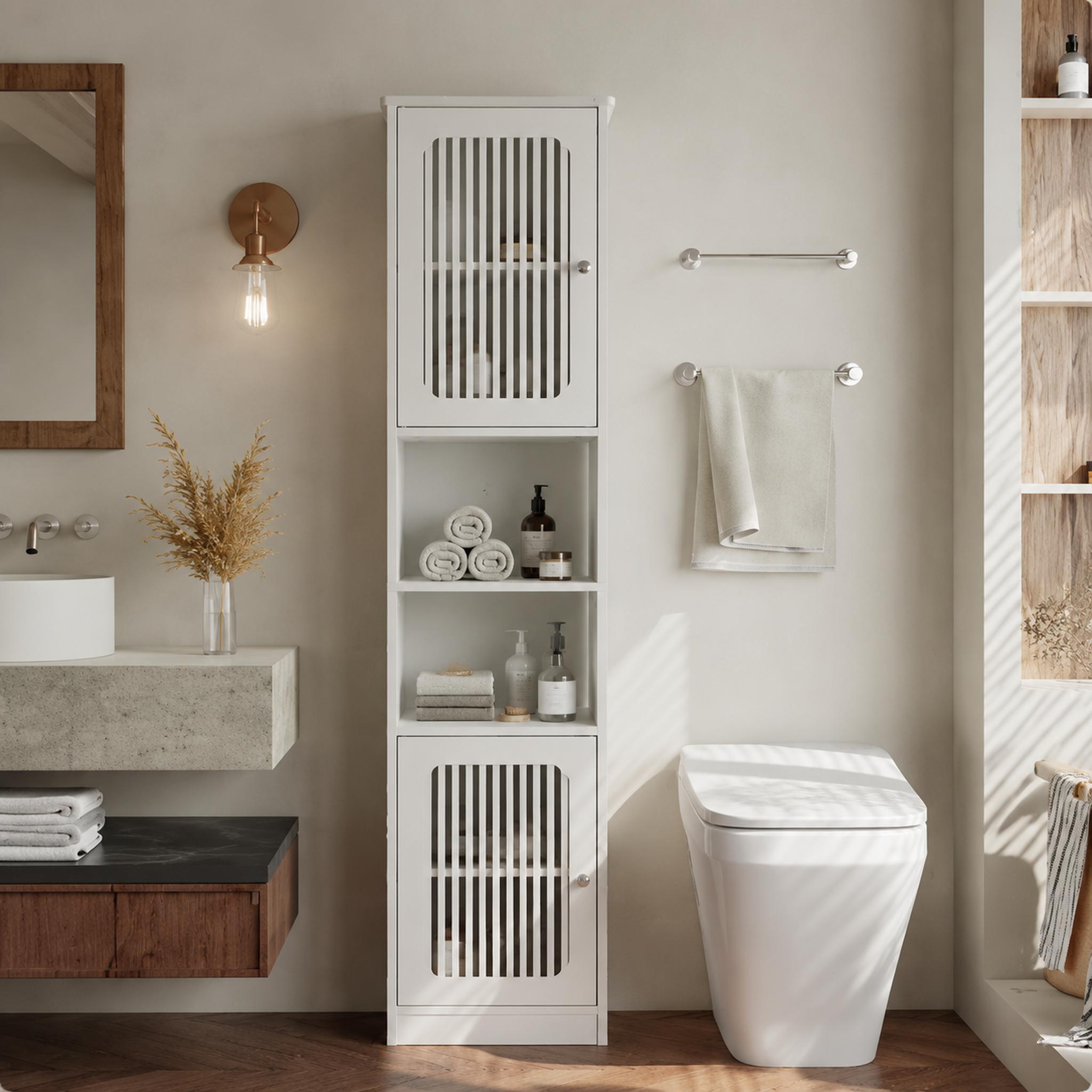 Badezimmerschrank Hoch 36 X 30 X 163 Cm - Schmaler Badschrank Stehend Mit Lamellentür Und Verstellbaren Regalböden - Mdf - Weiß