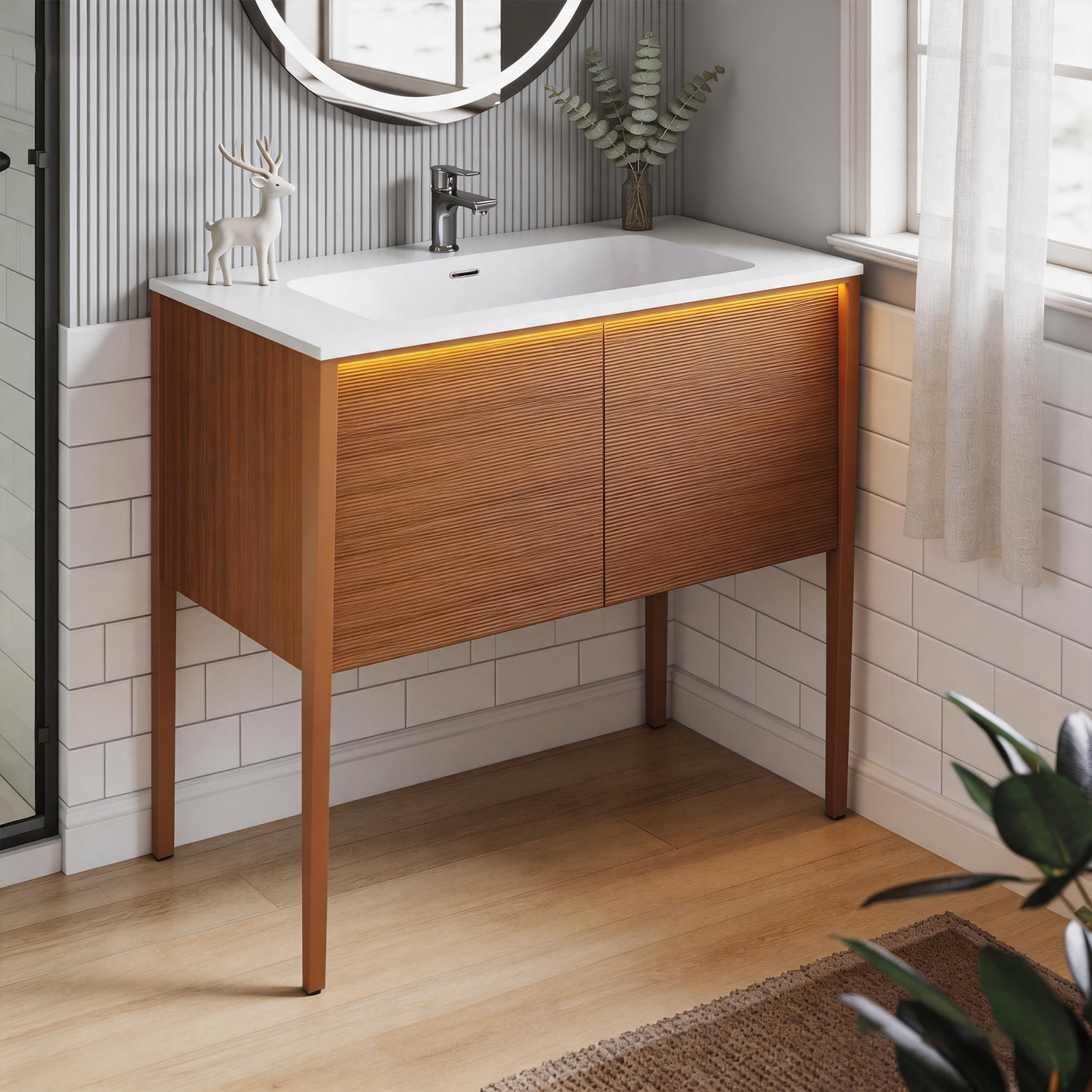 Sonni Doppeltür-waschtisch Mit Push-to-open-funktion, Sensorgesteuerter Led-beleuchtung Und Waschbecken, 894 × 495 × 810 Mm