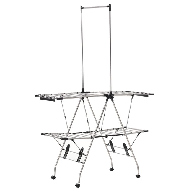 Wäscheständer Klappbar Auf Rollen 138,5x63x208 Cm, Turmwäscheständer Aus Edelstahl Mit Viel Platz, Mobiler Wäschetrockner Für Drinnen & Draußen - Silber-schwarz