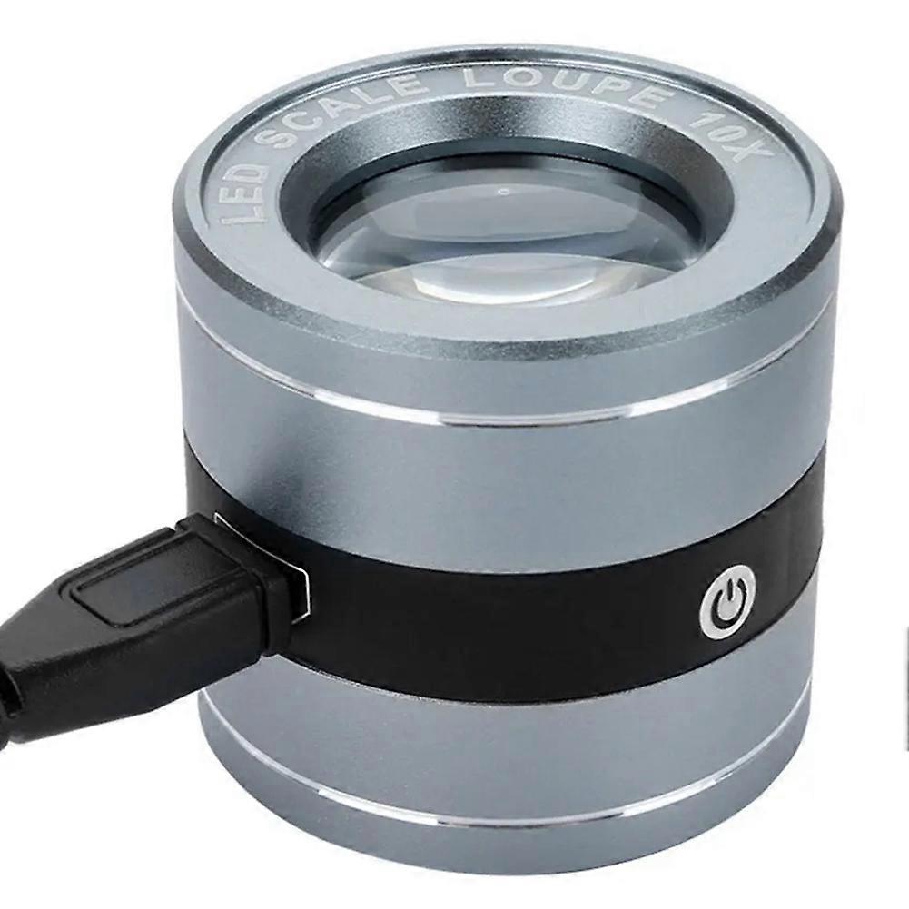 10-fache Hd-vollmetall-lupe Mit Skala, Messzylinder, Usb-aufladung, Vergrößerungsglas Für Schmuck Und Briefmarken Sowie 6 Hellen Leds.