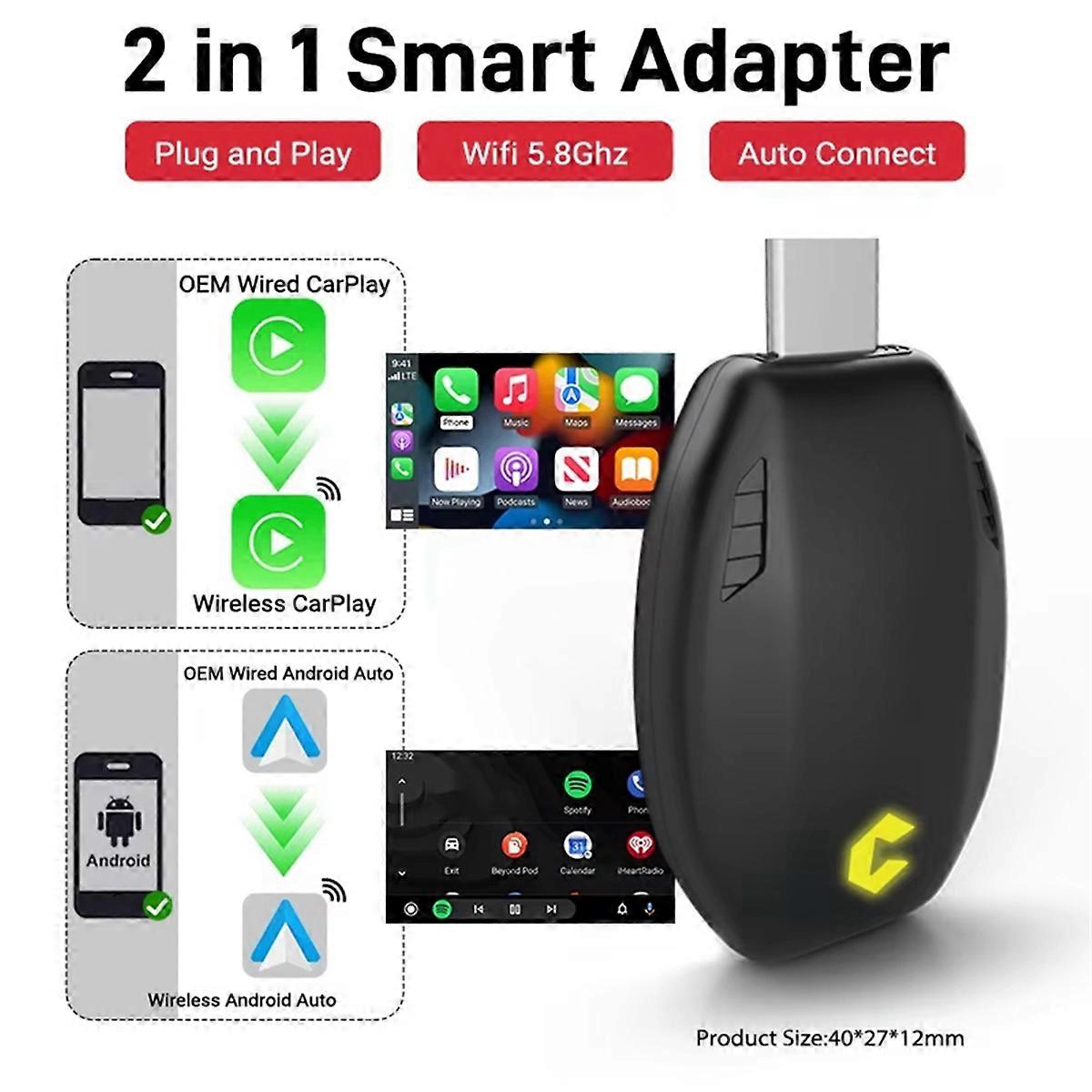 2-in-1 Carplay Smart Adapter (kabelgebunden/kabellos), Android Auto Mini Box, Plug & Play, Schnelle Wlan-verbindung, Usb Typ-c