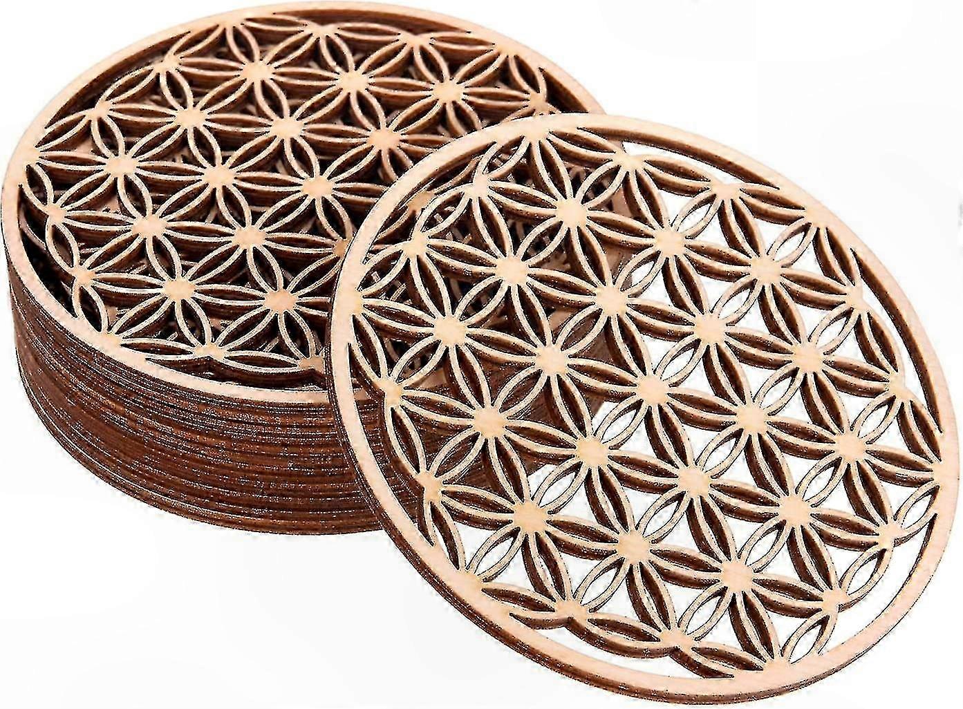 Set Mit 10 Untersetzern Im „blume Des Lebens“-design, Birkenholz Mit Glaseinsatz, 10 X 10 Cm, Ideales Deko-accessoire Für Zuhause Oder Die Bar