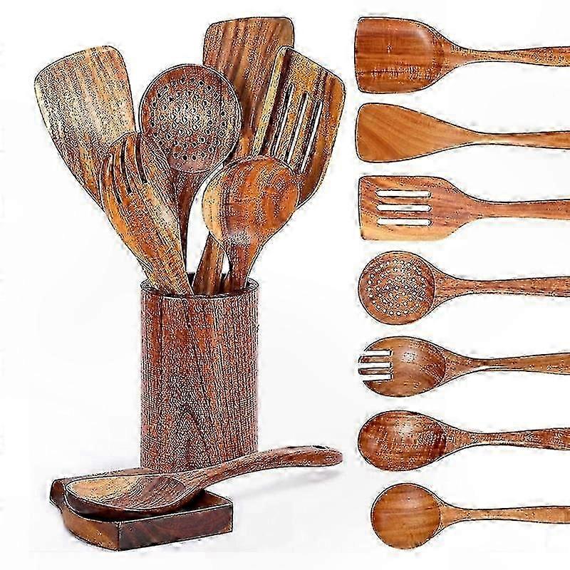9-teiliges Küchenutensilien-set Aus Teakholz Mit Ständer, Löffeln Und Küchenzubehör Für Den Täglichen Gebrauch