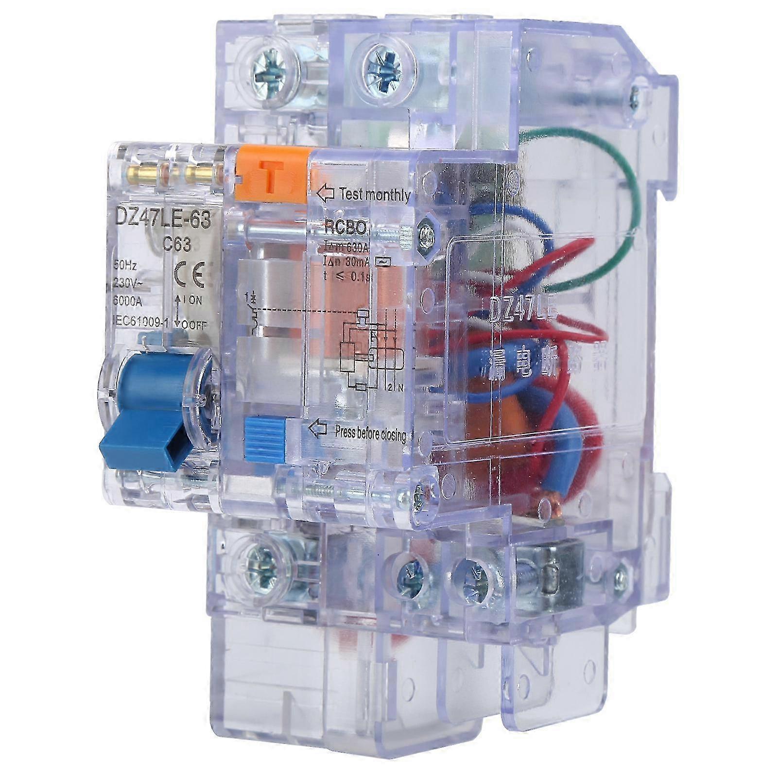 Dz47le63 1p+n C63 63a Fehlerstromschutzschalter, Erdschlussschutz, Transparent, Für Den Hausgebrauch, Automatischer Schalter, 1-poliger Modularer Neutralleiter-leistungsschalter, Haussicherheit, Schne