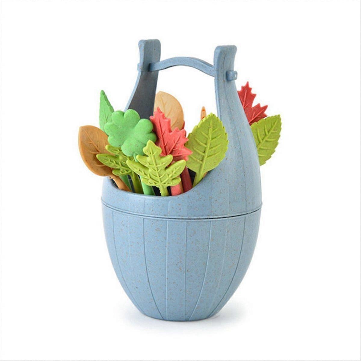 Obstgabel Aus Weizenstroh Mit Aufbewahrungstopf Und Mini-zahnstocher, Blau