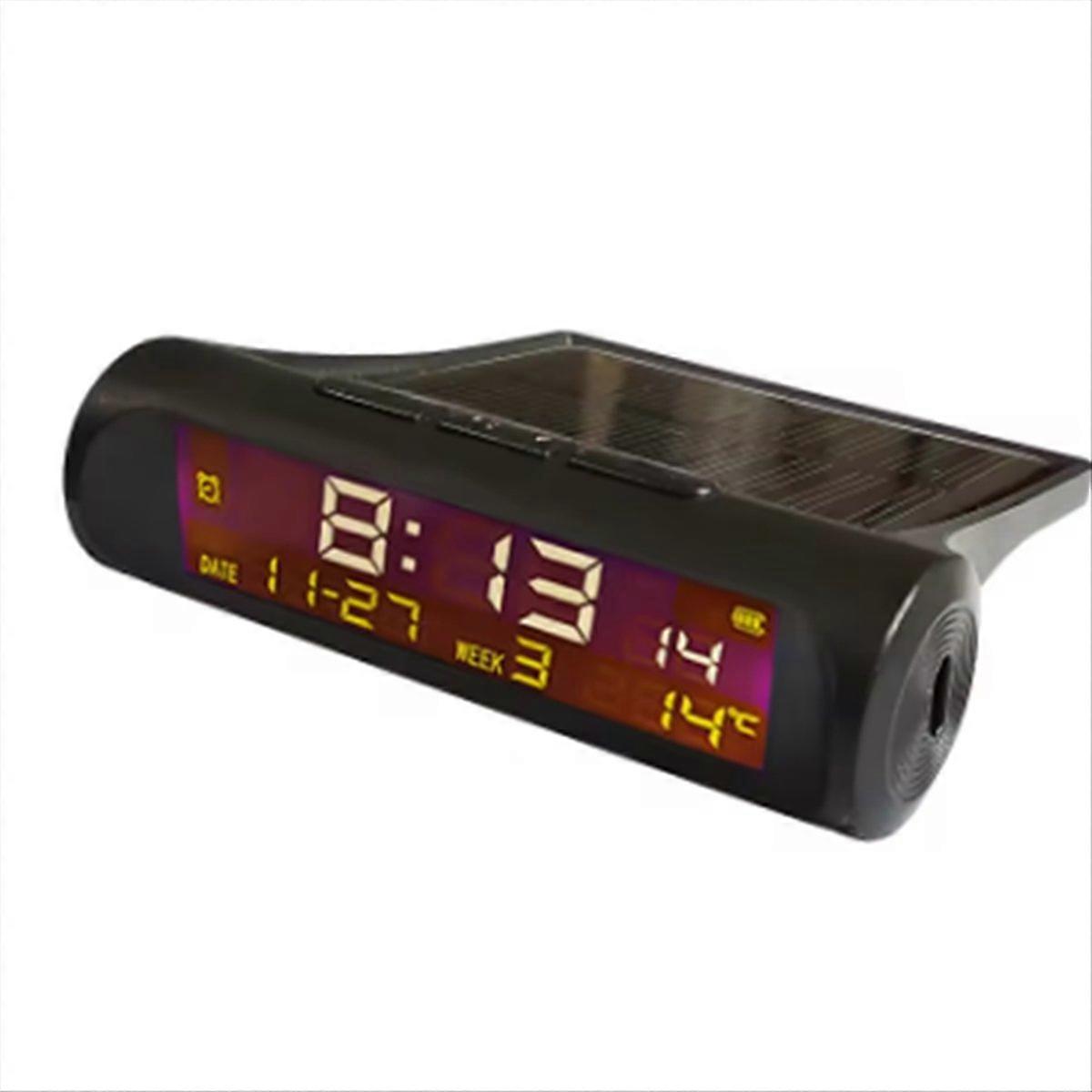 Solarbetriebene Digitale Autouhr Mit Datumsanzeige, Thermometer, Lcd-bildschirm Und Hintergrundbeleuchtung Zur Anzeige Von Uhrzeit Und Datum. Die Uhrzeit Wird Angezeigt Und Die Uhr Ist Hintergrundbele