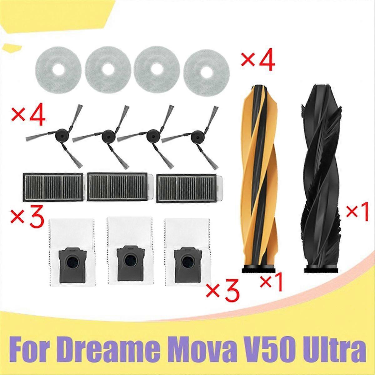 Komplettes Ersatzteilset Für Den Staubsauger V50 Ultra: Hauptwalze, Seitenbürste, Hepa-filter, Reinigungstuch Und Staubbeutel.