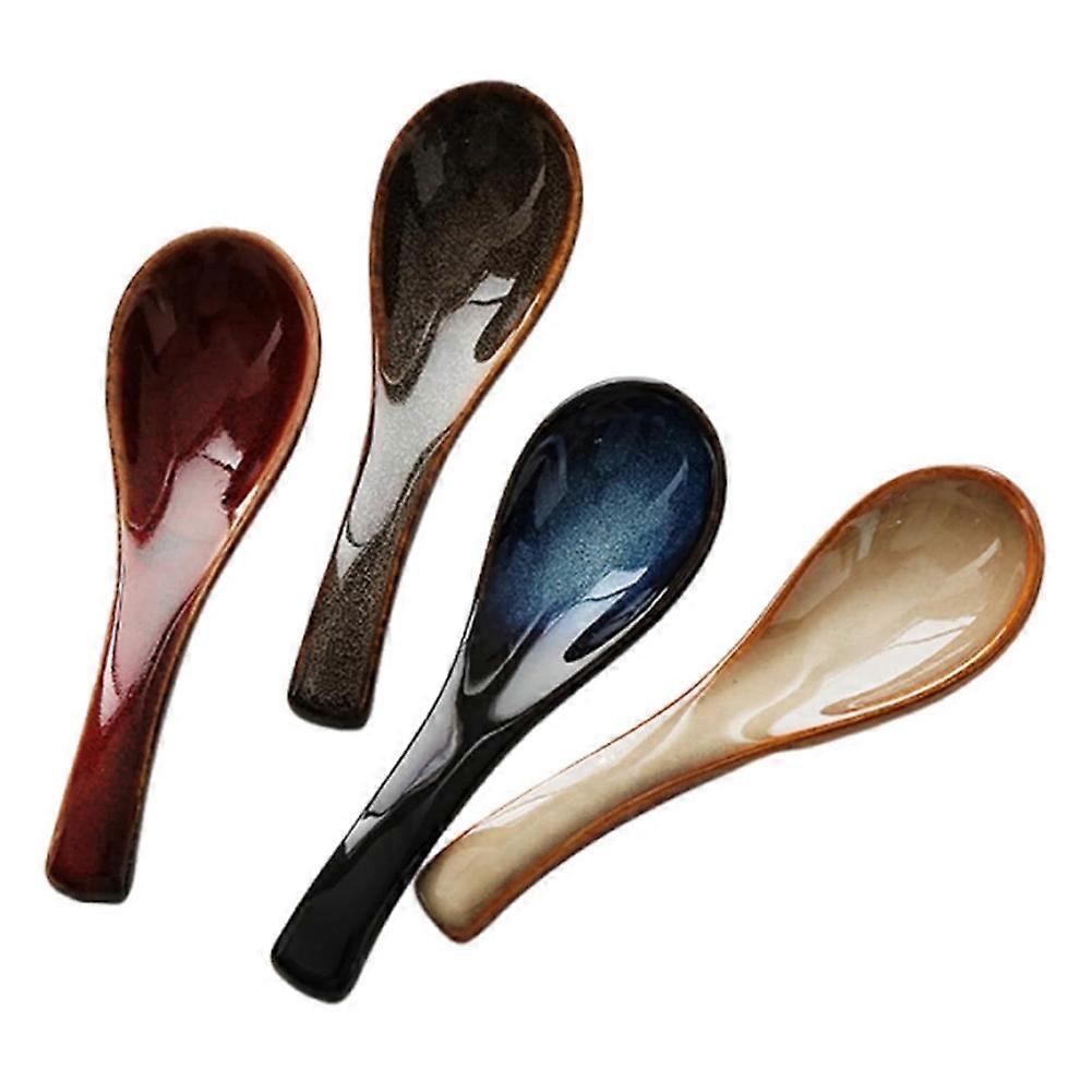 Set Aus 4 Japanischen Lamian-nudellöffeln, Blaue Keramiklöffel, Retro-porzellanlöffel